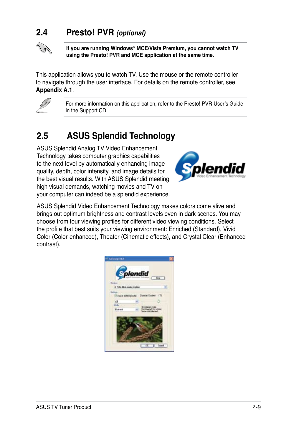 4 presto! pvr (optional), 5 asus splendid technology, Presto! pvr | Optional) -9, Asus splendid technology -9, 4 presto! pvr | Asus My Cinema-US1-100 User Manual | Page 37 / 53