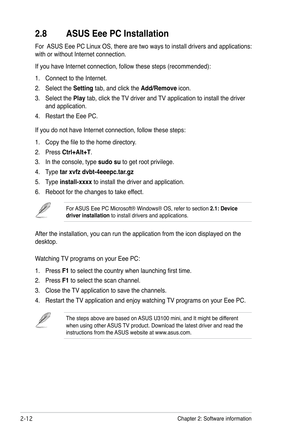 8 asus eee pc installation, Asus eee pc installation -12 | Asus My Cinema-US1-100 User Manual | Page 40 / 53