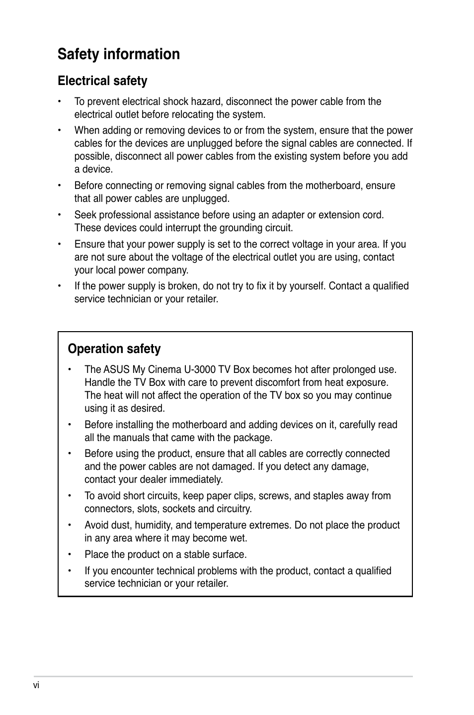 Safety information, Electrical safety, Operation safety | Asus My Cinema-US1-100 User Manual | Page 6 / 53