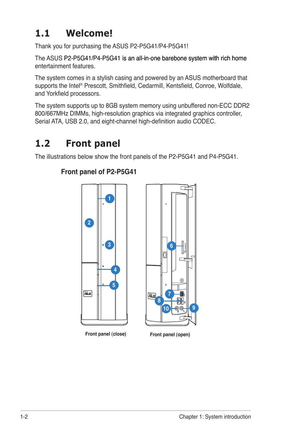 1 welcome, 2 front panel, Welcome! -2 | Front panel -2 | Asus P4-P5G41 User Manual | Page 12 / 75