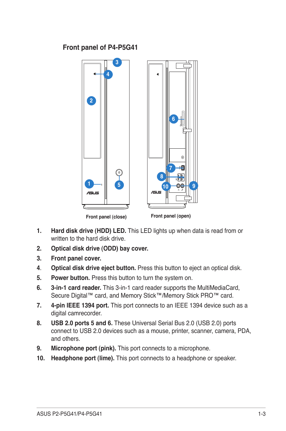 Front panel of p4-p5g41 | Asus P4-P5G41 User Manual | Page 13 / 75