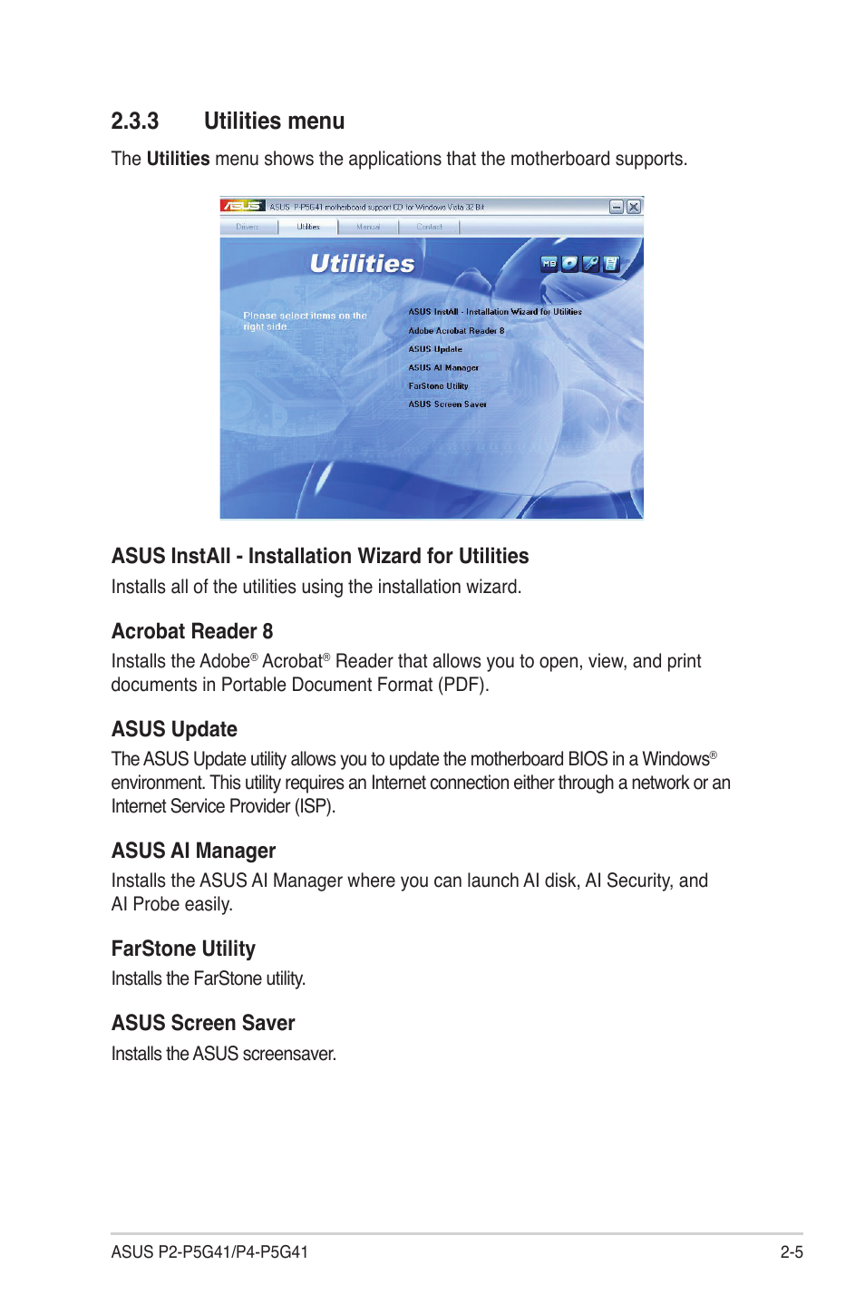 3 utilities menu, Utilities menu -5 | Asus P4-P5G41 User Manual | Page 21 / 75