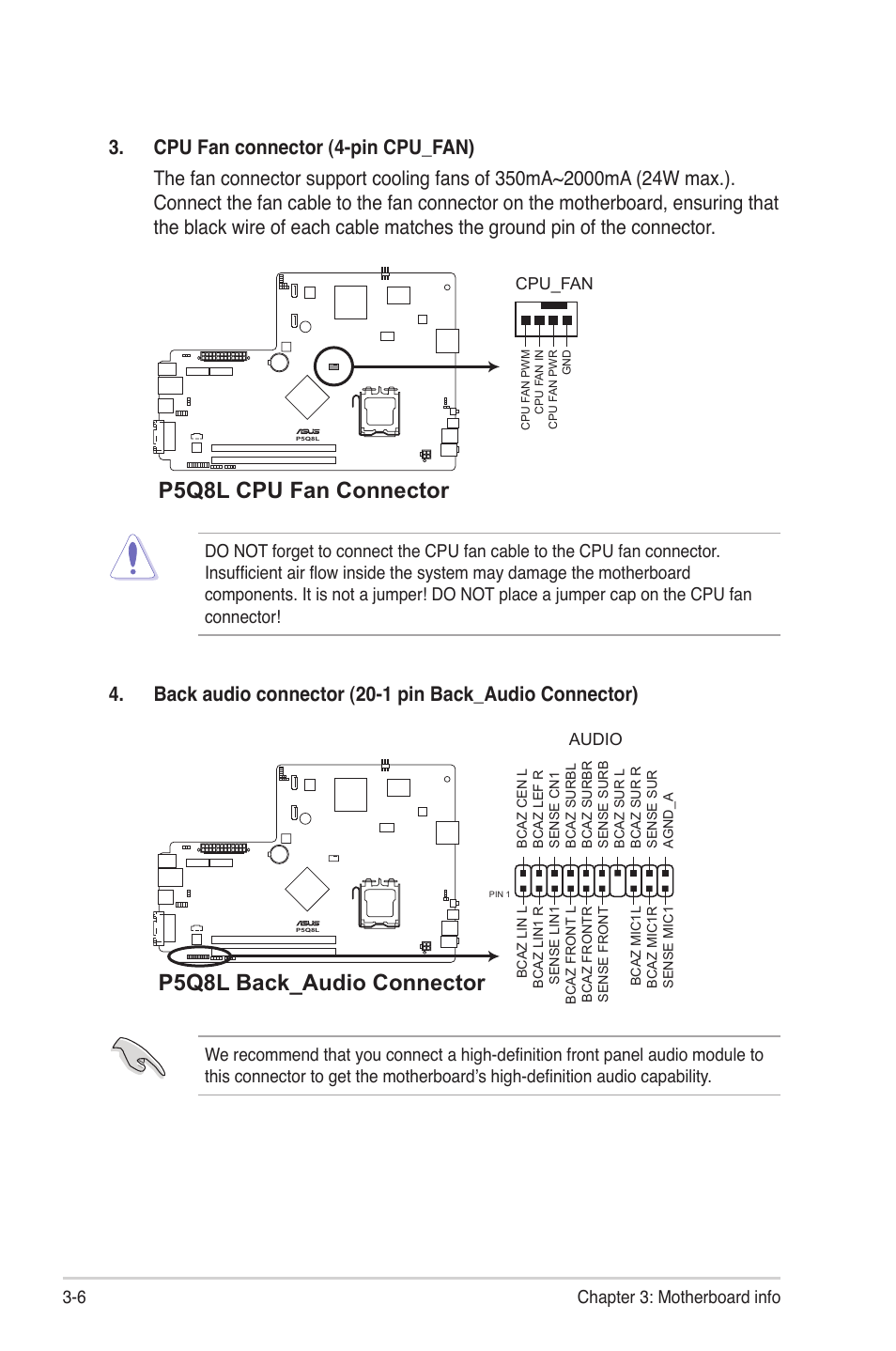 P5q8l cpu fan connector, P5q8l back_audio connector, 6 chapter 3: motherboard info | Asus P4-P5G41 User Manual | Page 36 / 75