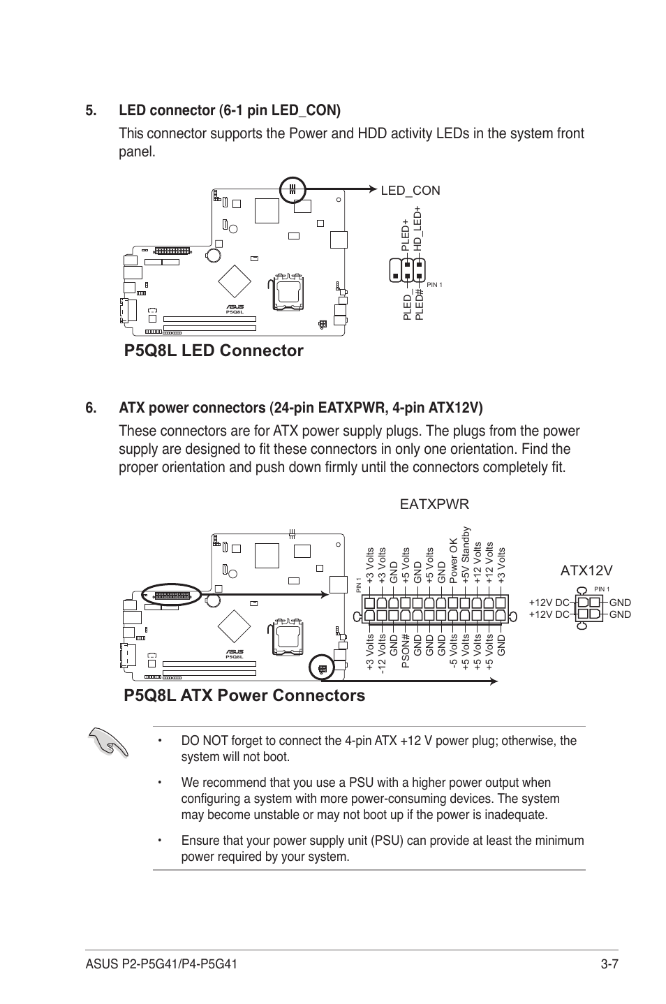 P5q8l led connector, P5q8l atx power connectors, Eatxpwr | Atx12v | Asus P4-P5G41 User Manual | Page 37 / 75