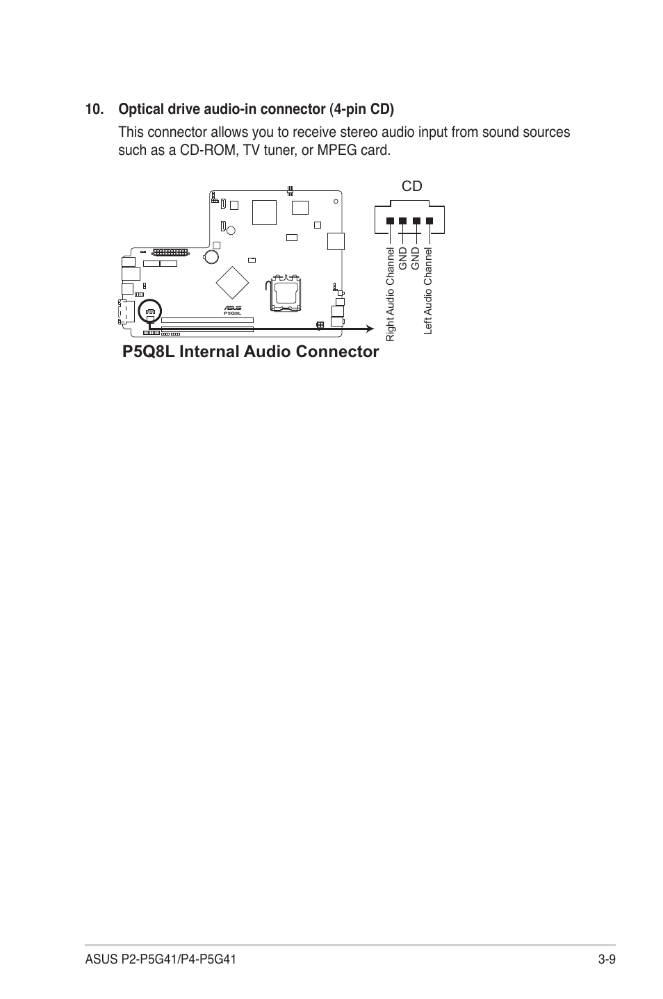 P5q8l digital audio connectors, P5q8l internal audio connector | Asus P4-P5G41 User Manual | Page 39 / 75