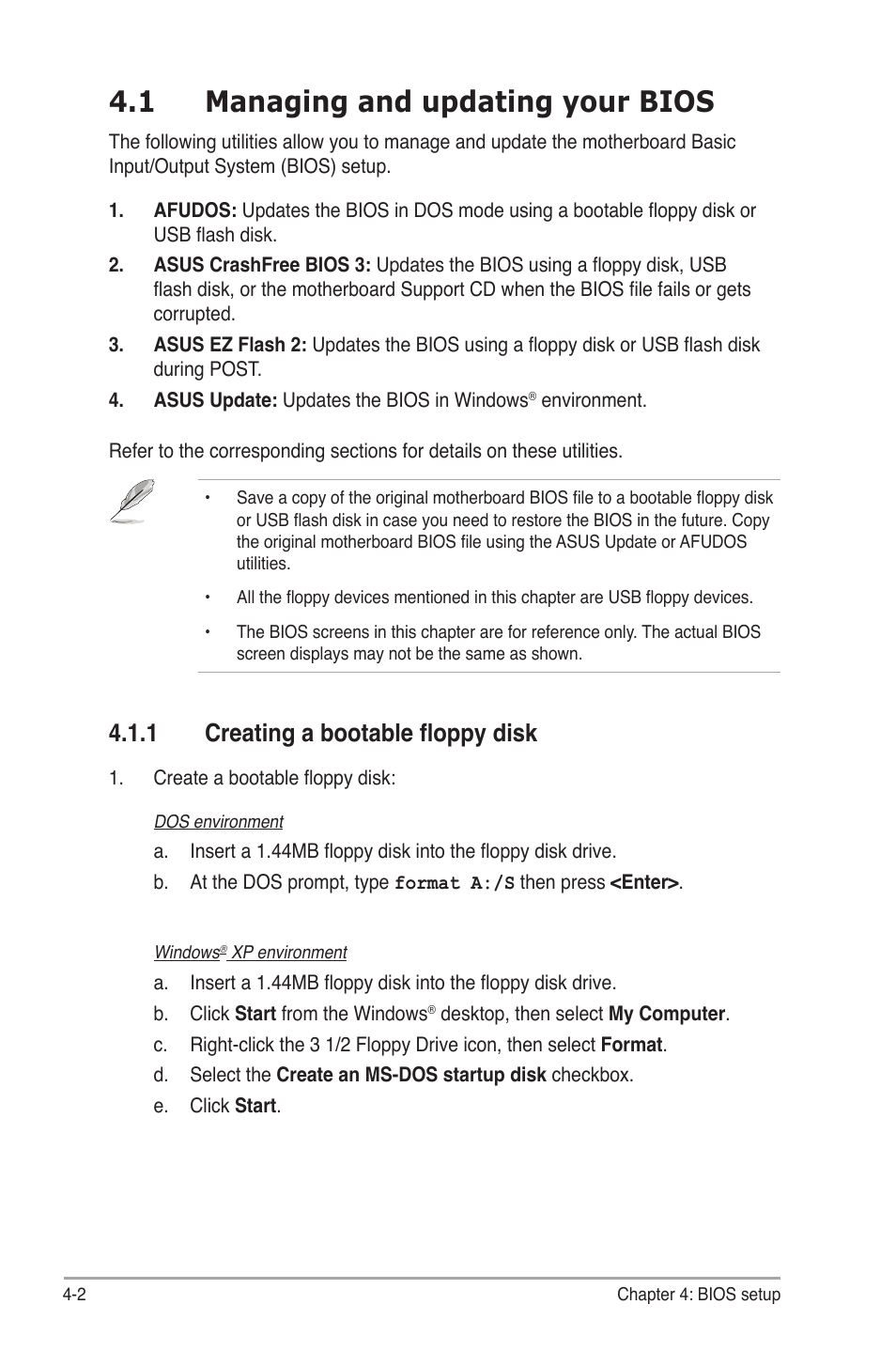 1 managing and updating your bios, 1 creating a bootable floppy disk, Managing and updating your bios -2 4.1.1 | Creating a bootable floppy disk -2 | Asus P4-P5G41 User Manual | Page 42 / 75