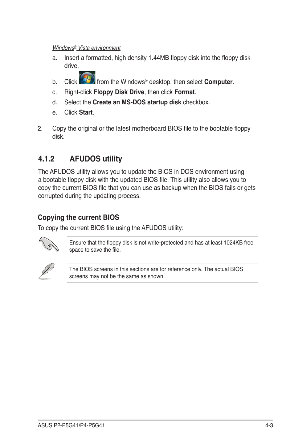 2 afudos utility, Afudos utility -3, Copying the current bios | Asus P4-P5G41 User Manual | Page 43 / 75