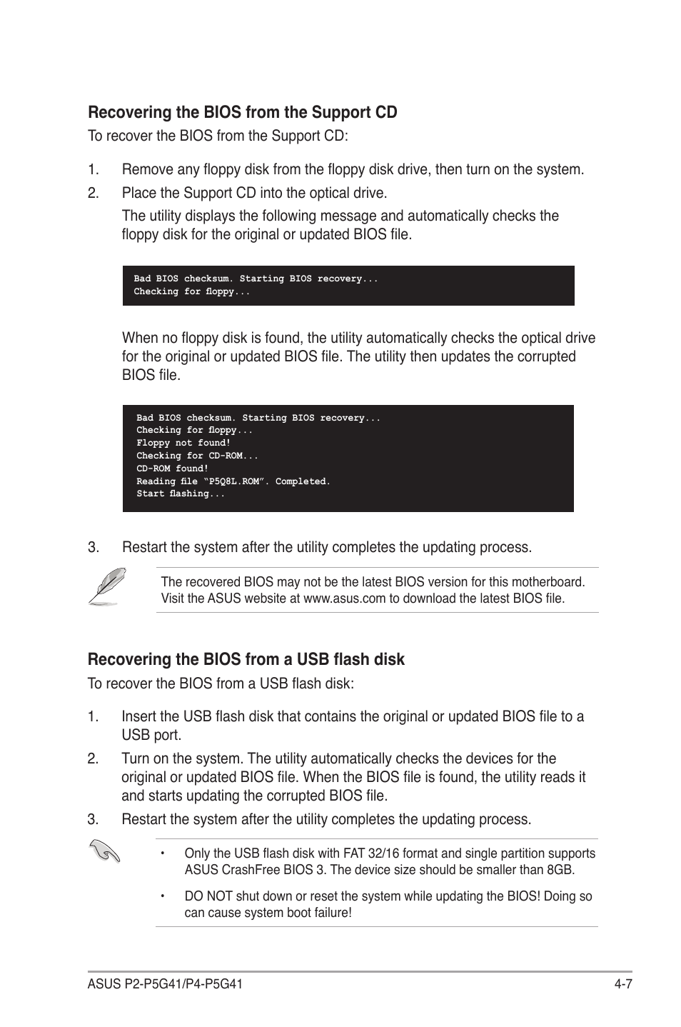 Recovering the bios from the support cd, Recovering the bios from a usb flash disk | Asus P4-P5G41 User Manual | Page 47 / 75