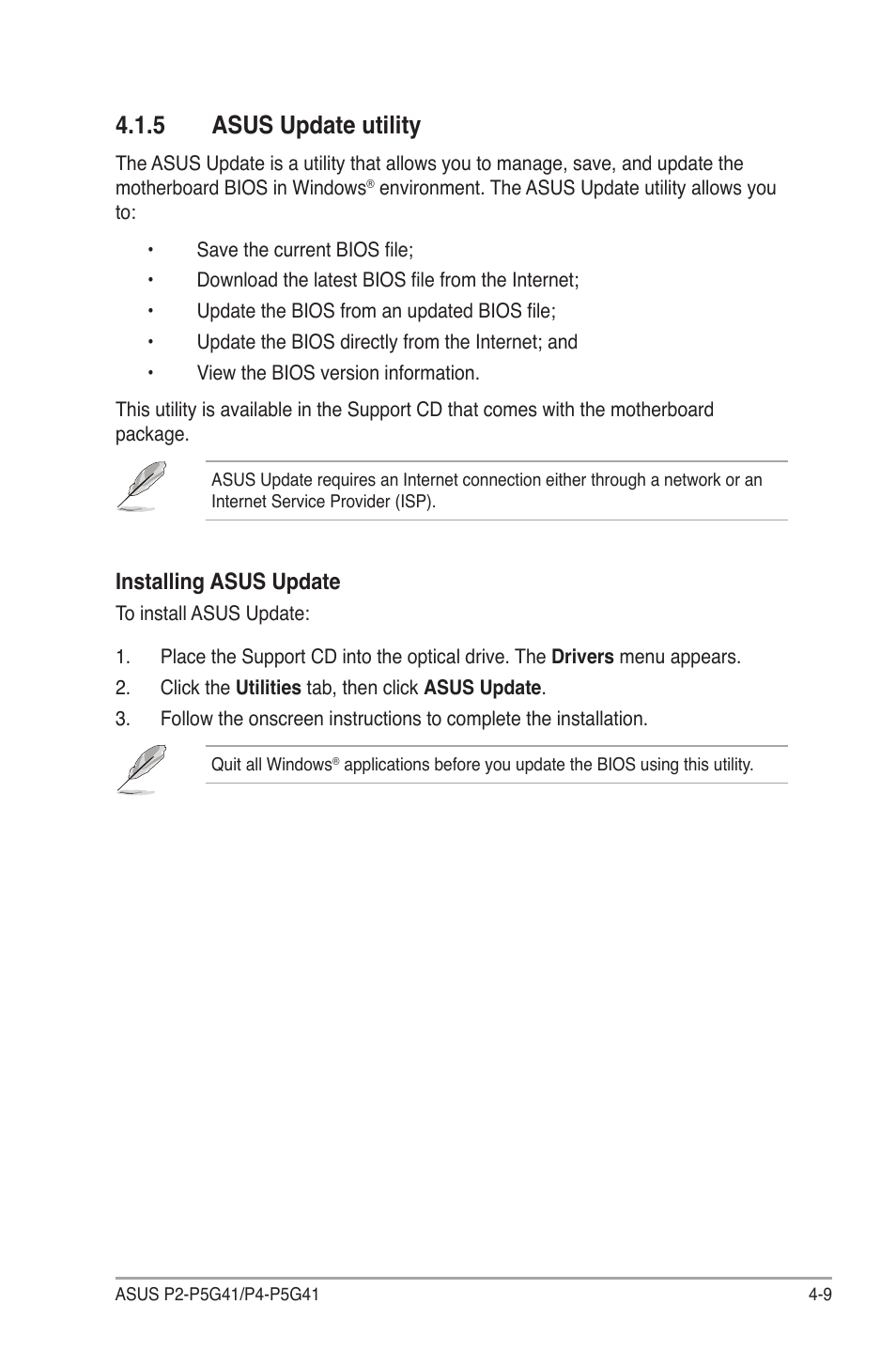 5 asus update utility, Asus update utility -9, Installing asus update | Asus P4-P5G41 User Manual | Page 49 / 75