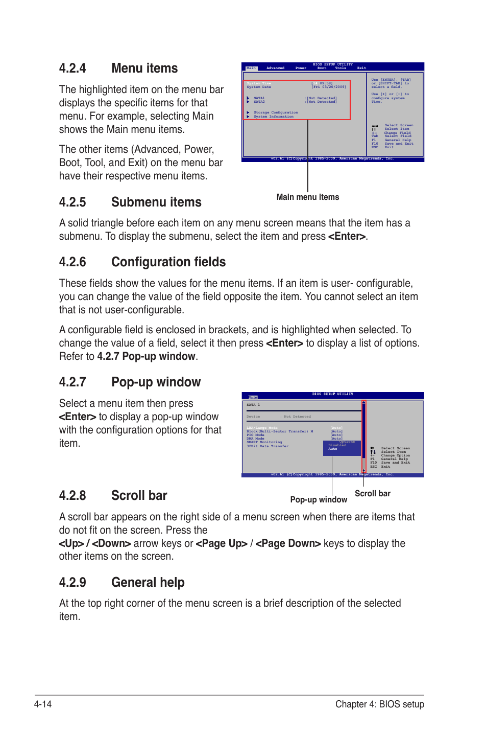 4 menu items, 5 submenu items, 6 configuration fields | 7 pop-up window, 8 scroll bar, 9 general help, Menu items -14, Submenu items -14, Configuration fields -14, Pop-up window -14 | Asus P4-P5G41 User Manual | Page 54 / 75