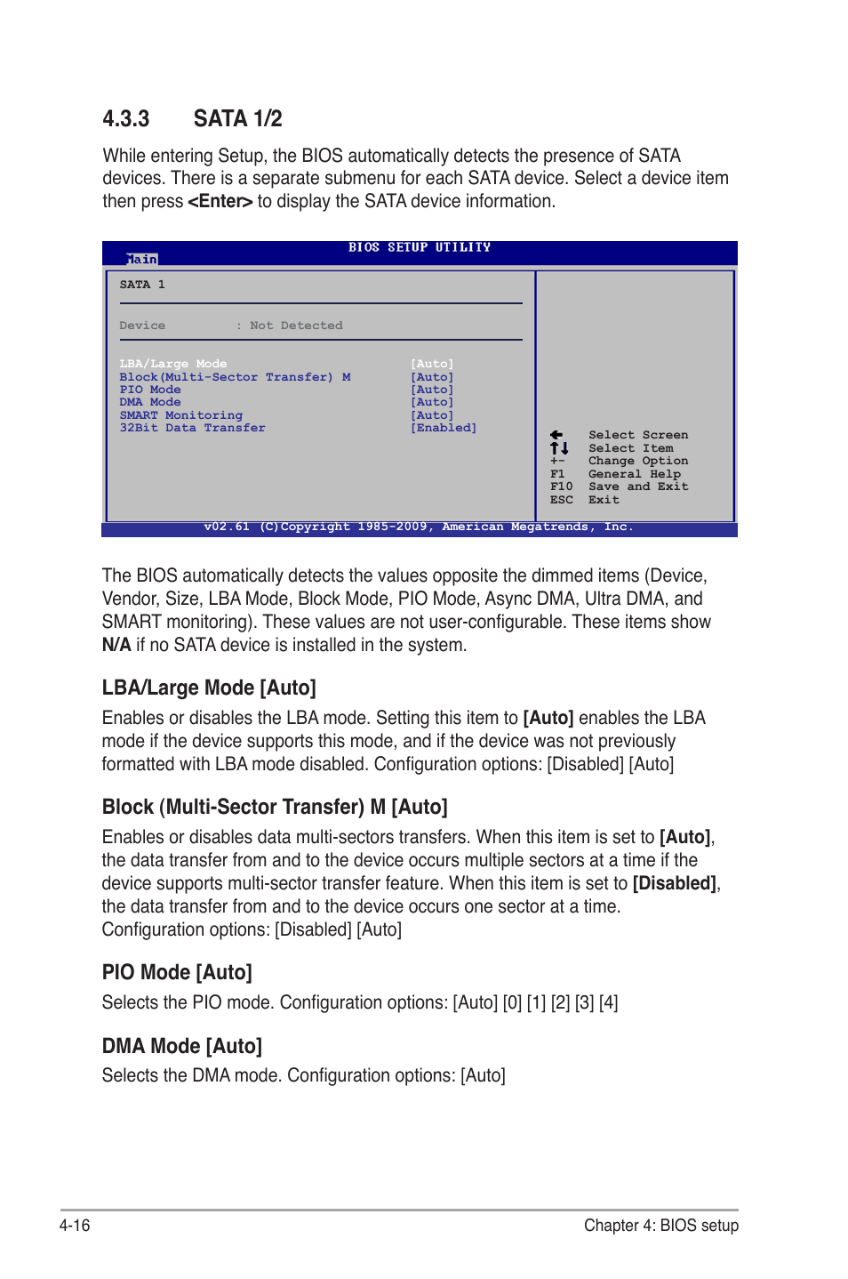 3 sata 1/2, Sata 1/2 -16, Lba/large mode [auto | Block (multi-sector transfer) m [auto, Pio mode [auto, Dma mode [auto, Selects the dma mode. configuration options: [auto | Asus P4-P5G41 User Manual | Page 56 / 75