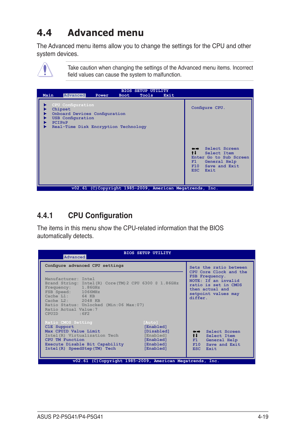 4 advanced menu, 1 cpu configuration, Advanced menu -19 4.4.1 | Cpu configuration -19 | Asus P4-P5G41 User Manual | Page 59 / 75