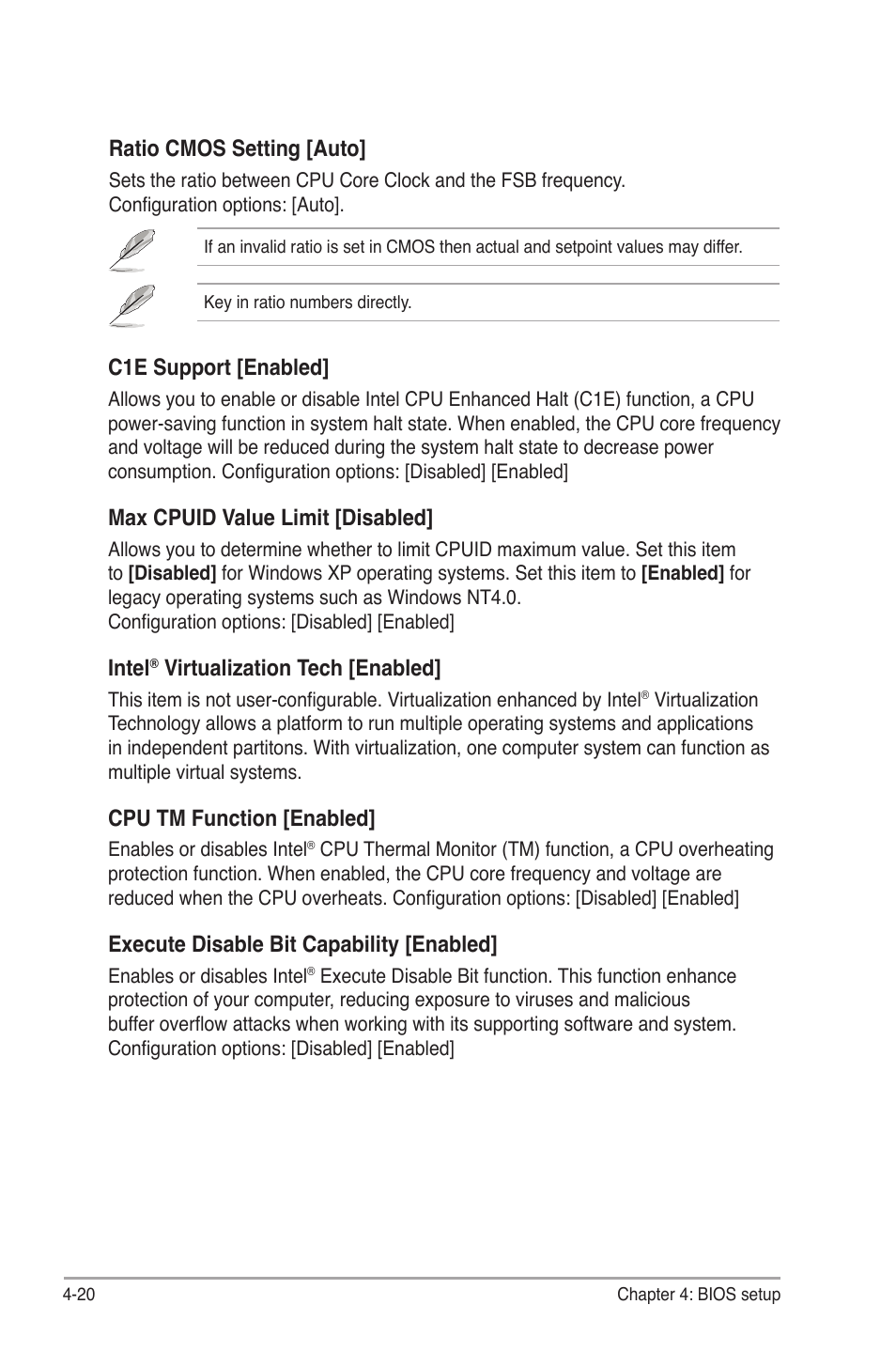 Ratio cmos setting [auto, C1e support [enabled, Max cpuid value limit [disabled | Intel, Virtualization tech [enabled, Cpu tm function [enabled, Execute disable bit capability [enabled | Asus P4-P5G41 User Manual | Page 60 / 75