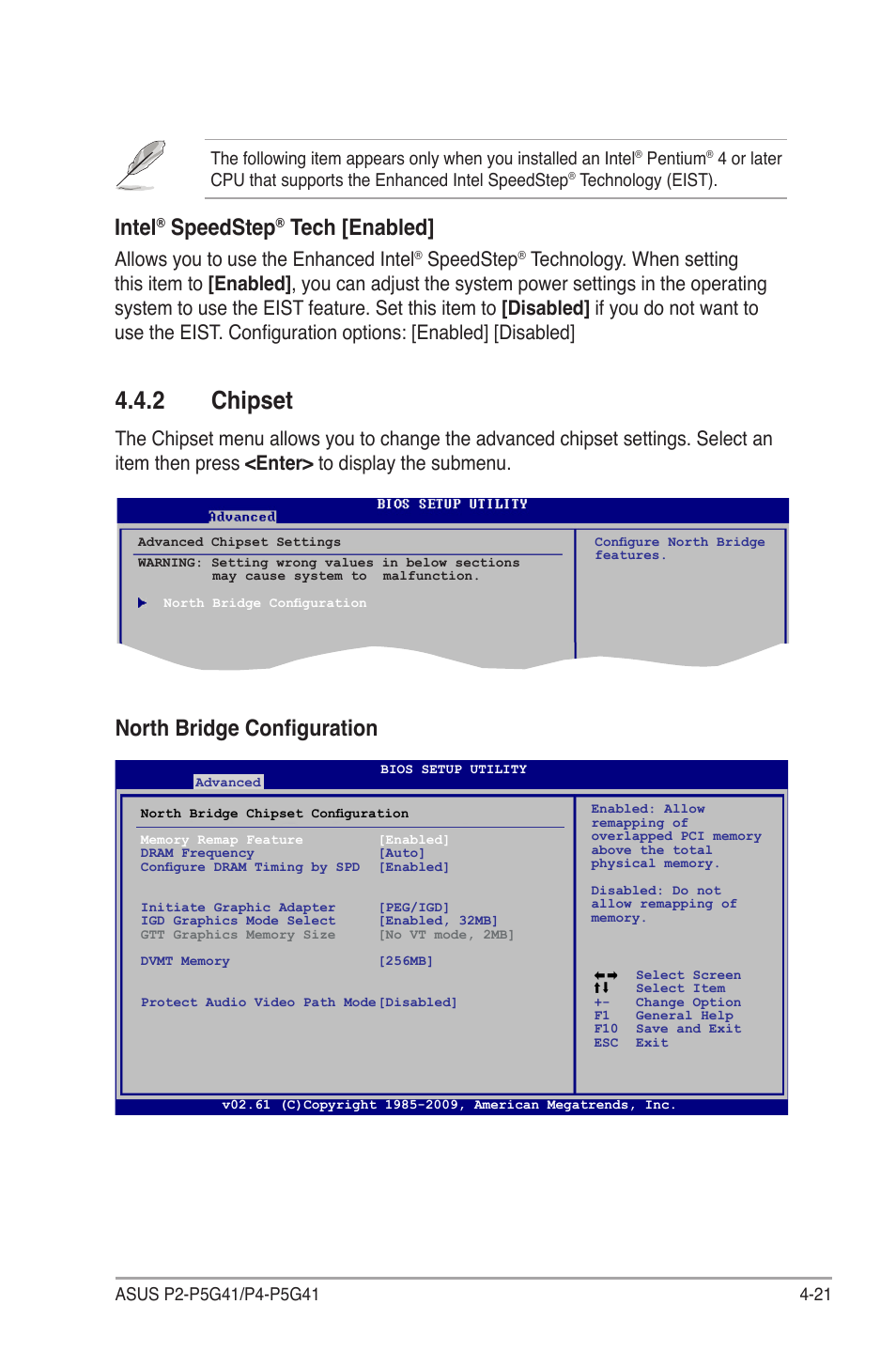 2 chipset, Chipset -21, Intel | Speedstep, Tech [enabled, North bridge configuration, Allows you to use the enhanced intel | Asus P4-P5G41 User Manual | Page 61 / 75