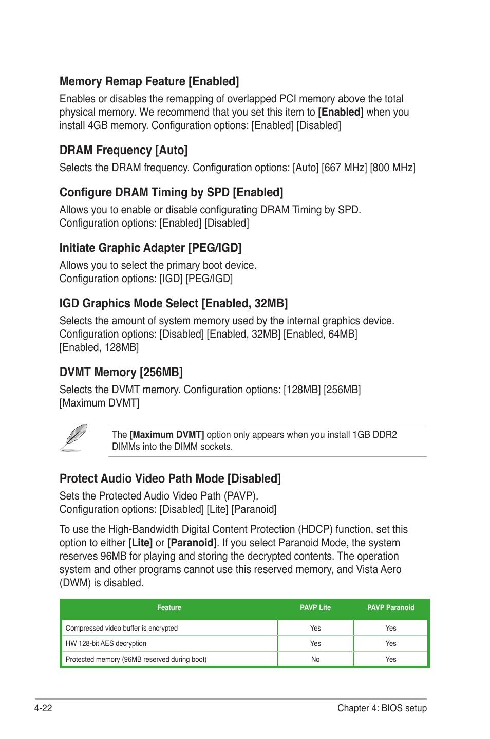 Dram frequency [auto, Configure dram timing by spd [enabled, Initiate graphic adapter [peg/igd | Igd graphics mode select [enabled, 32mb, Protect audio video path mode [disabled | Asus P4-P5G41 User Manual | Page 62 / 75