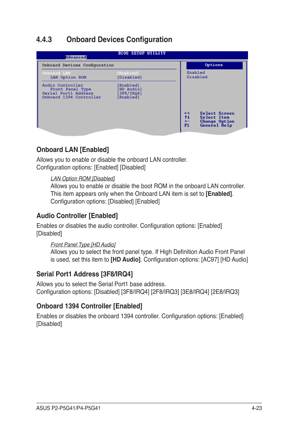 3 onboard devices configuration, Onboard devices configuration -23, Onboard lan [enabled | Audio controller [enabled, Serial port1 address [3f8/irq4, Onboard 1394 controller [enabled | Asus P4-P5G41 User Manual | Page 63 / 75