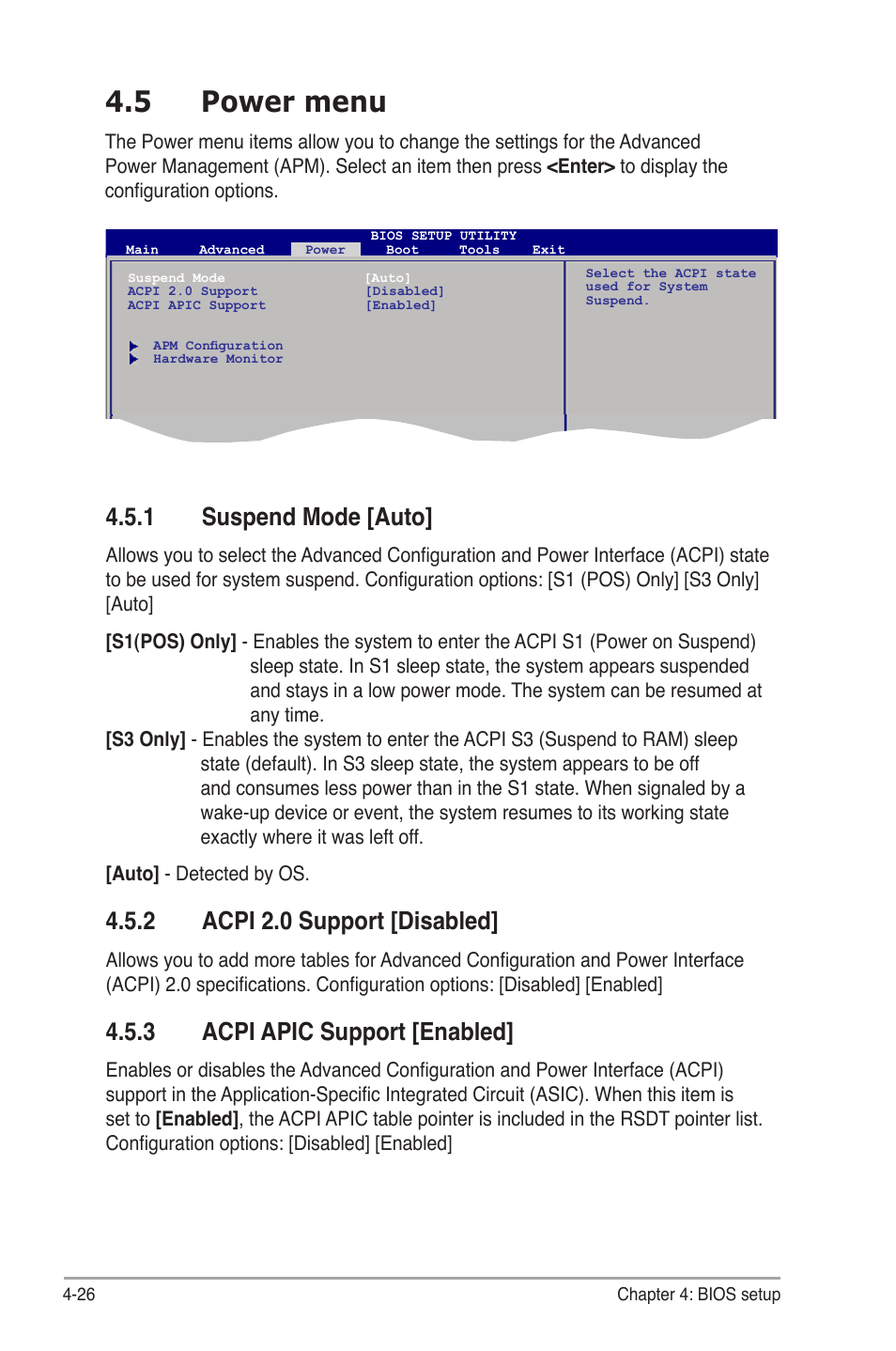 5 power menu, 1 suspend mode, 2 acpi 2.0 support | 3 acpi apic support, Power menu -26 4.5.1, Suspend mode -26, Acpi 2.0 support -26, Acpi apic support -26, 1 suspend mode [auto, 2 acpi 2.0 support [disabled | Asus P4-P5G41 User Manual | Page 66 / 75