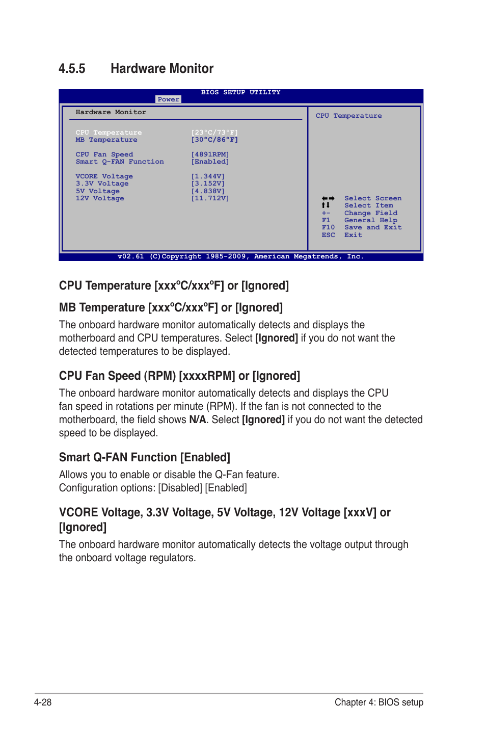 5 hardware monitor, Hardware monitor -28, Smart q-fan function [enabled | Asus P4-P5G41 User Manual | Page 68 / 75