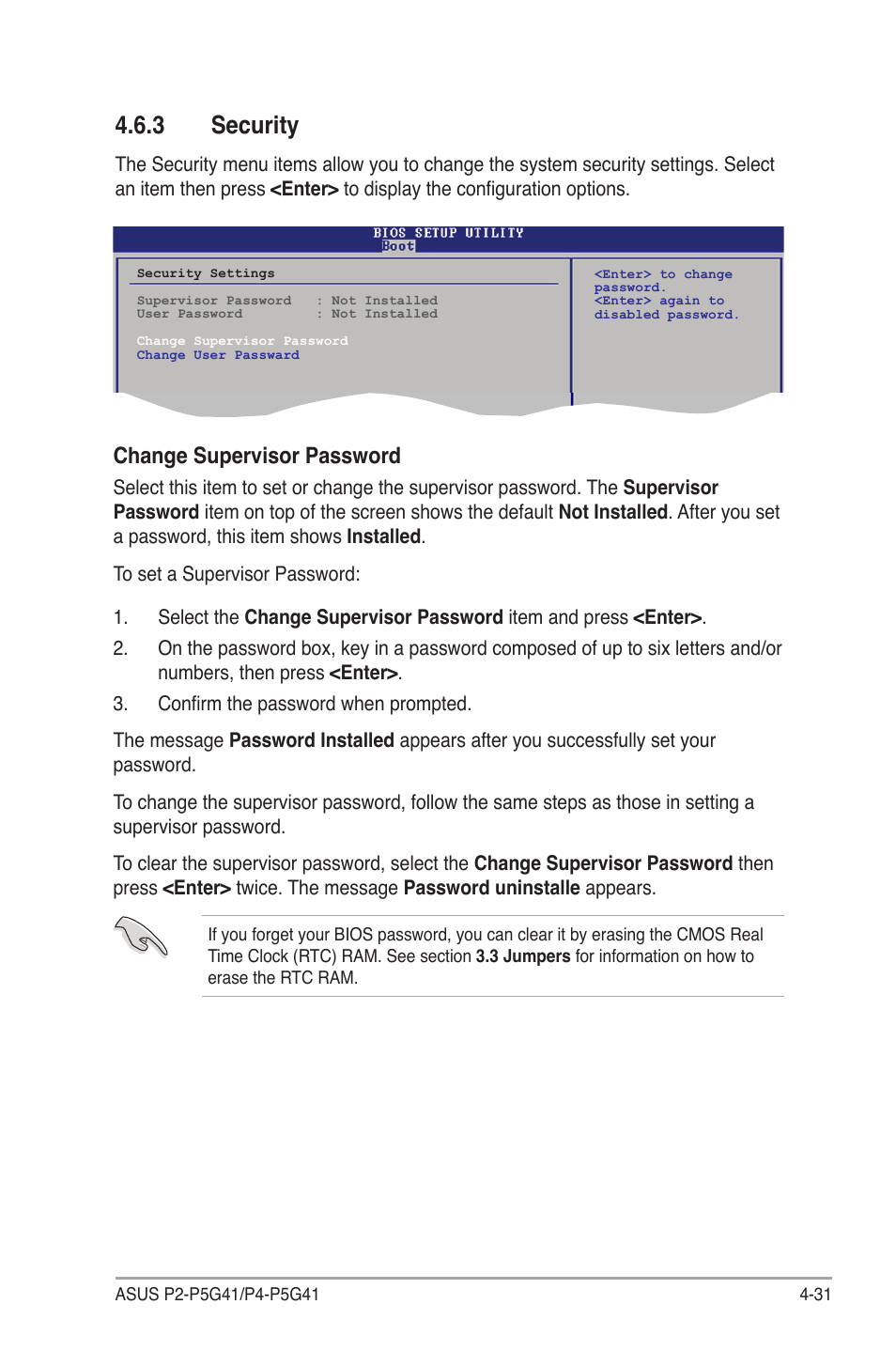 3 security, Security -31, Change supervisor password | Asus P4-P5G41 User Manual | Page 71 / 75