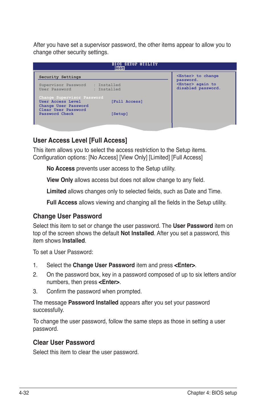 User access level [full access, Change user password, Clear user password | Select this item to clear the user password | Asus P4-P5G41 User Manual | Page 72 / 75