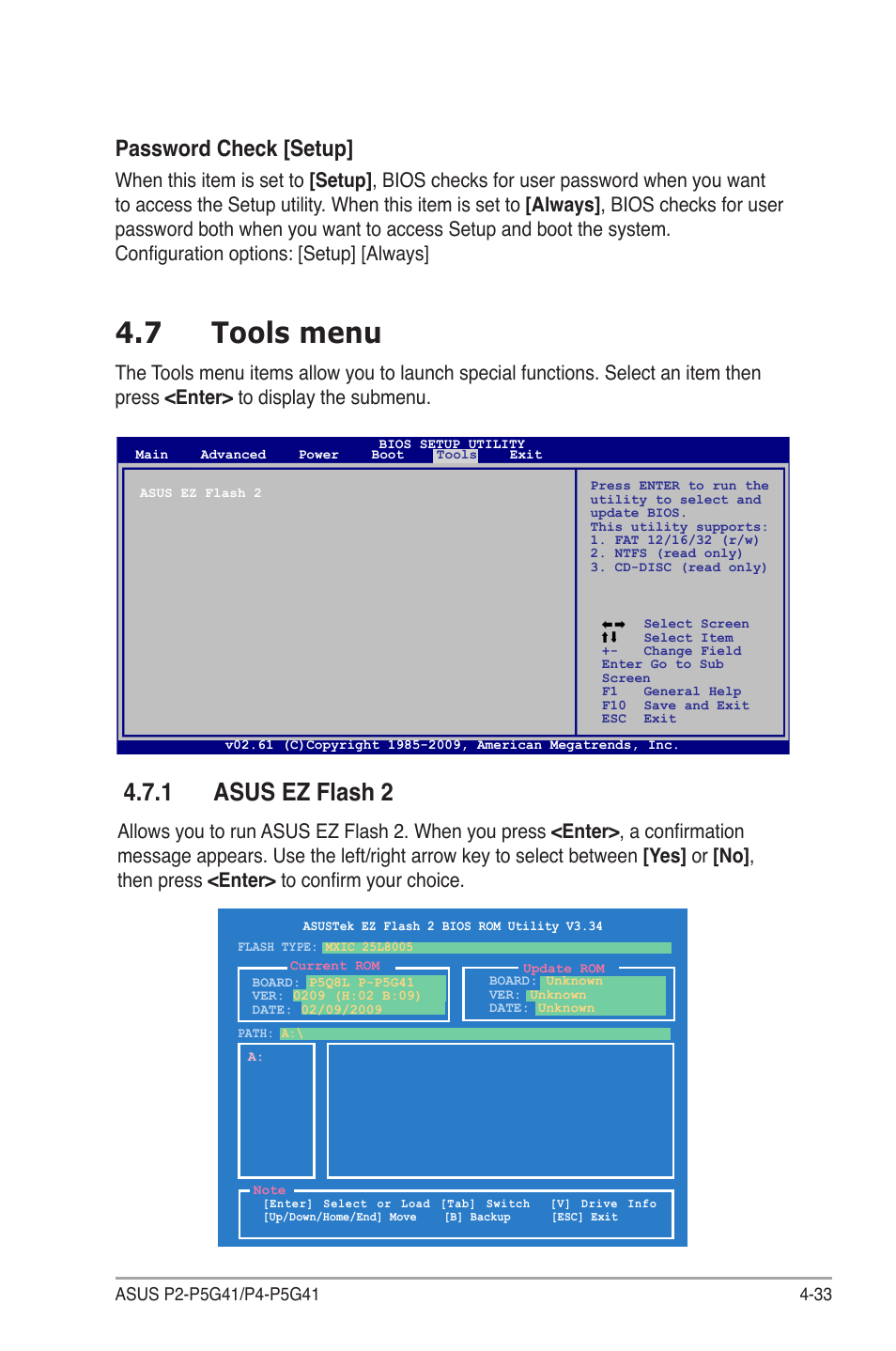 7 tools menu, 1 asus ez flash 2, Tools menu -33 4.7.1 asus ez flash 2 -33 | Password check [setup | Asus P4-P5G41 User Manual | Page 73 / 75