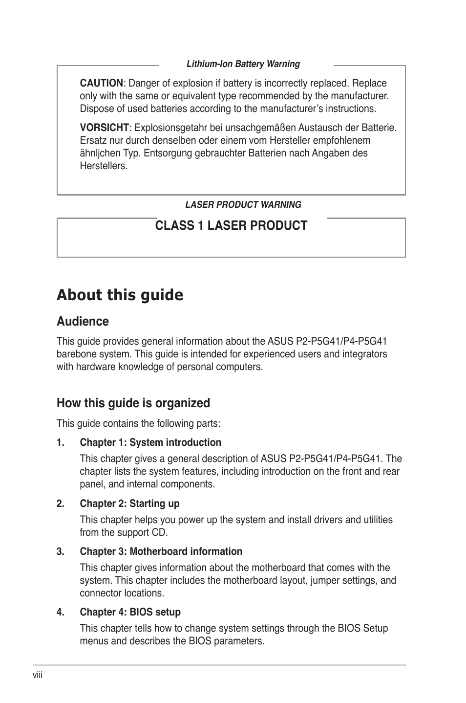 About this guide, Audience, How this guide is organized | Class 1 laser product | Asus P4-P5G41 User Manual | Page 8 / 75