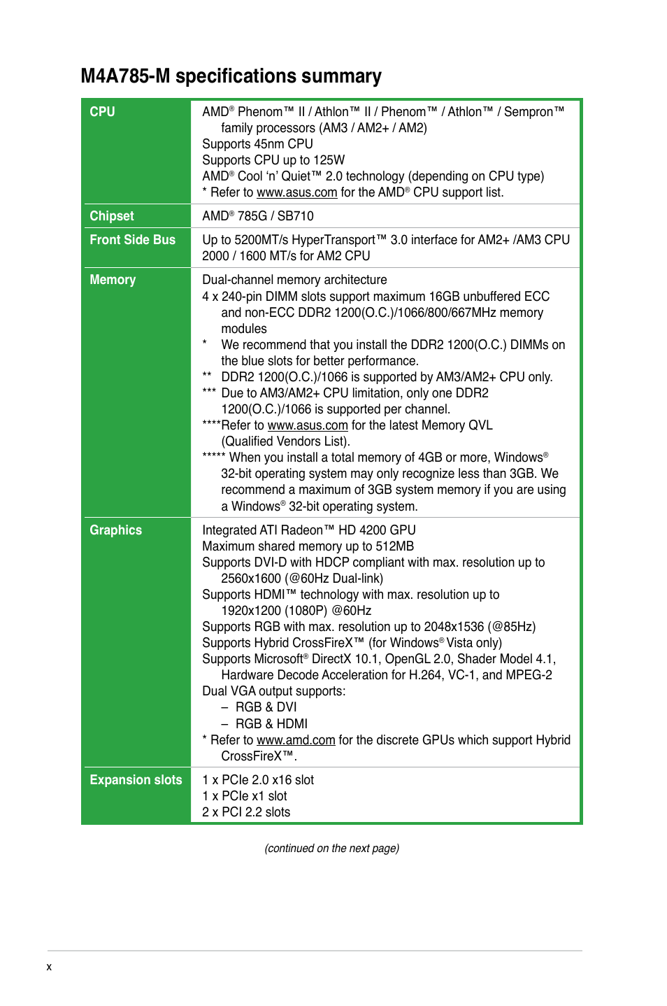 M4a785-m specifications summary | Asus M4A785-M User Manual | Page 10 / 64