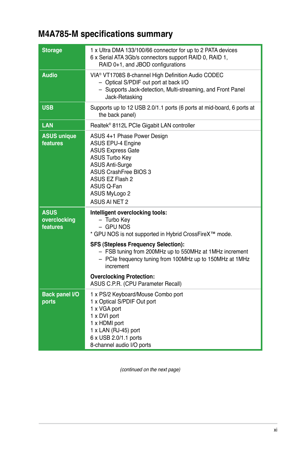 M4a785-m specifications summary | Asus M4A785-M User Manual | Page 11 / 64