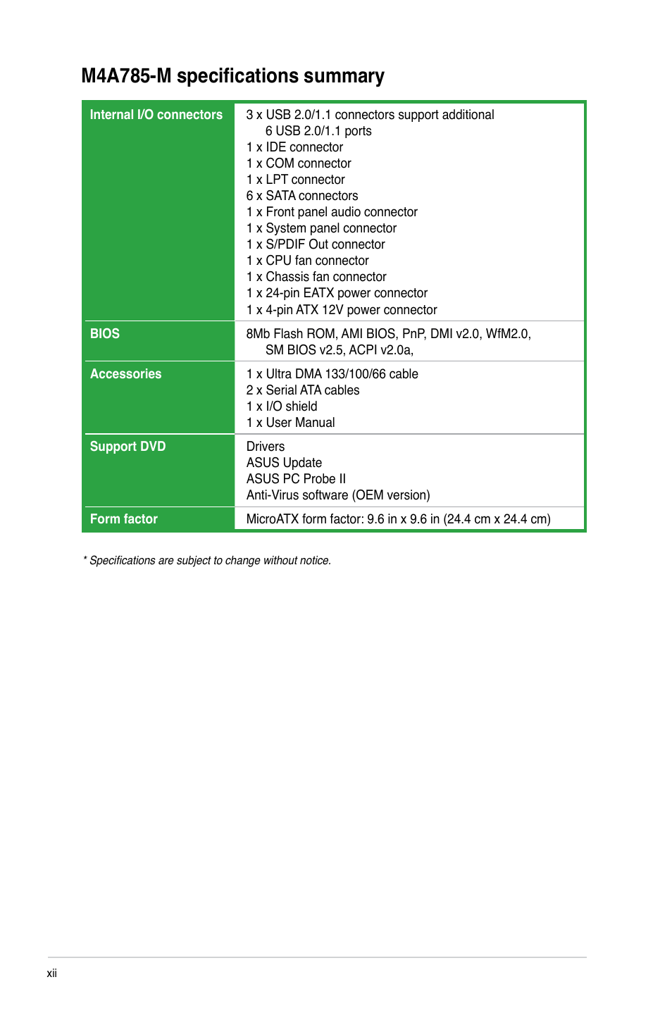 M4a785-m specifications summary | Asus M4A785-M User Manual | Page 12 / 64