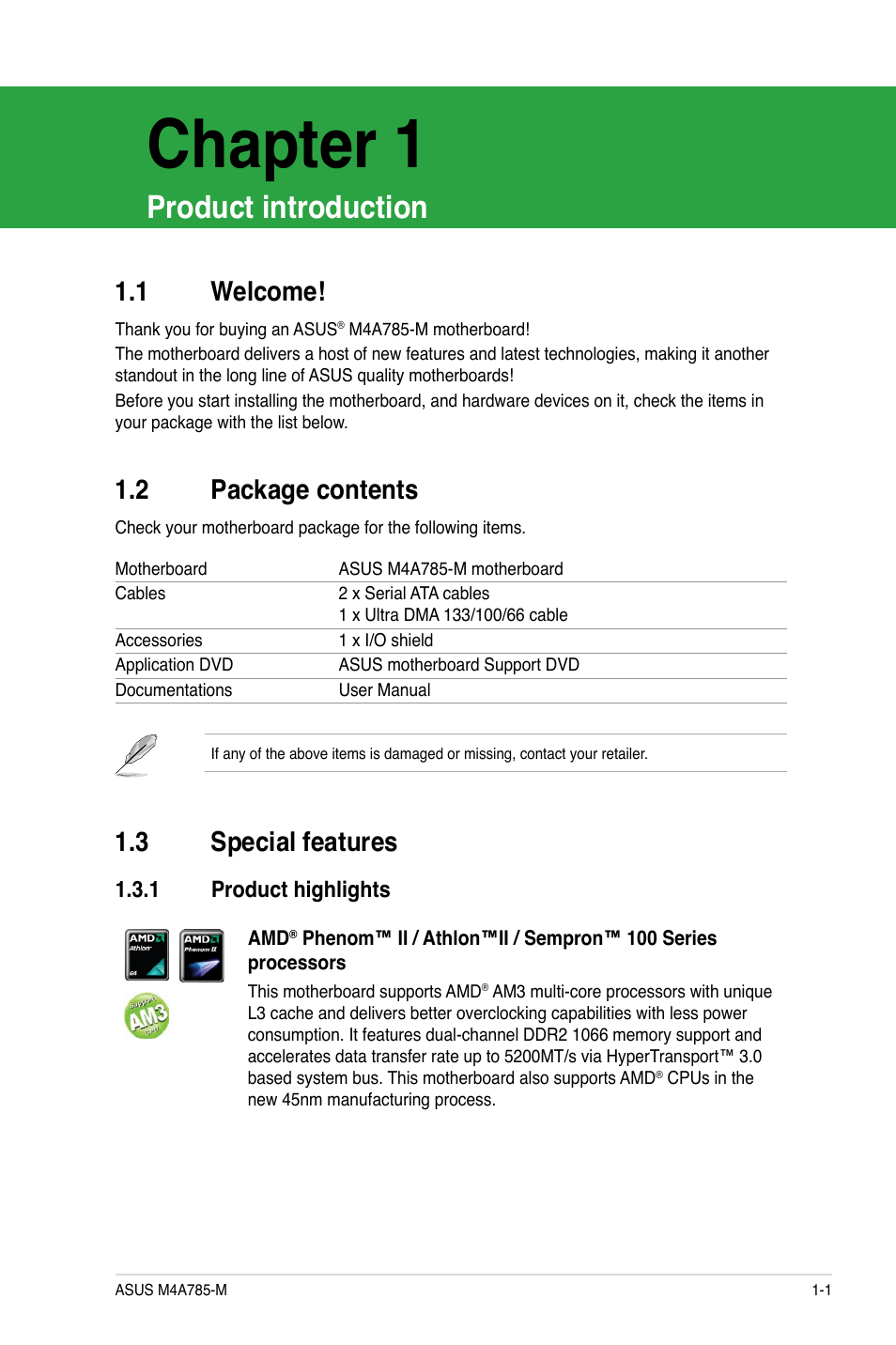 Chapter 1, Product introduction, 1 welcome | 2 package contents, 3 special features, 1 product highlights, Welcome! -1, Package contents -1, Special features -1 1.3.1, Product highlights -1 | Asus M4A785-M User Manual | Page 13 / 64