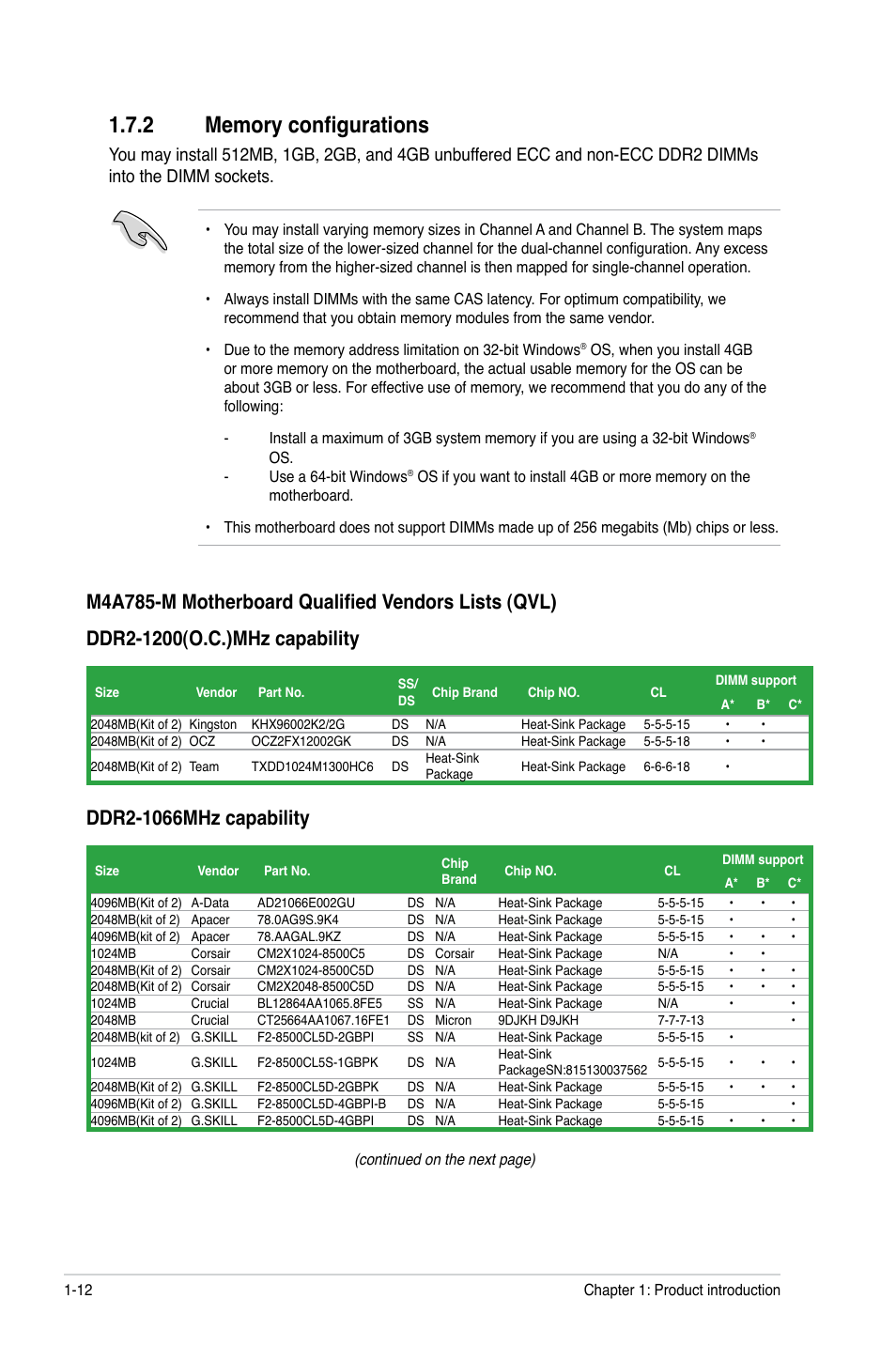 2 memory configurations, Memory configurations -12 | Asus M4A785-M User Manual | Page 24 / 64