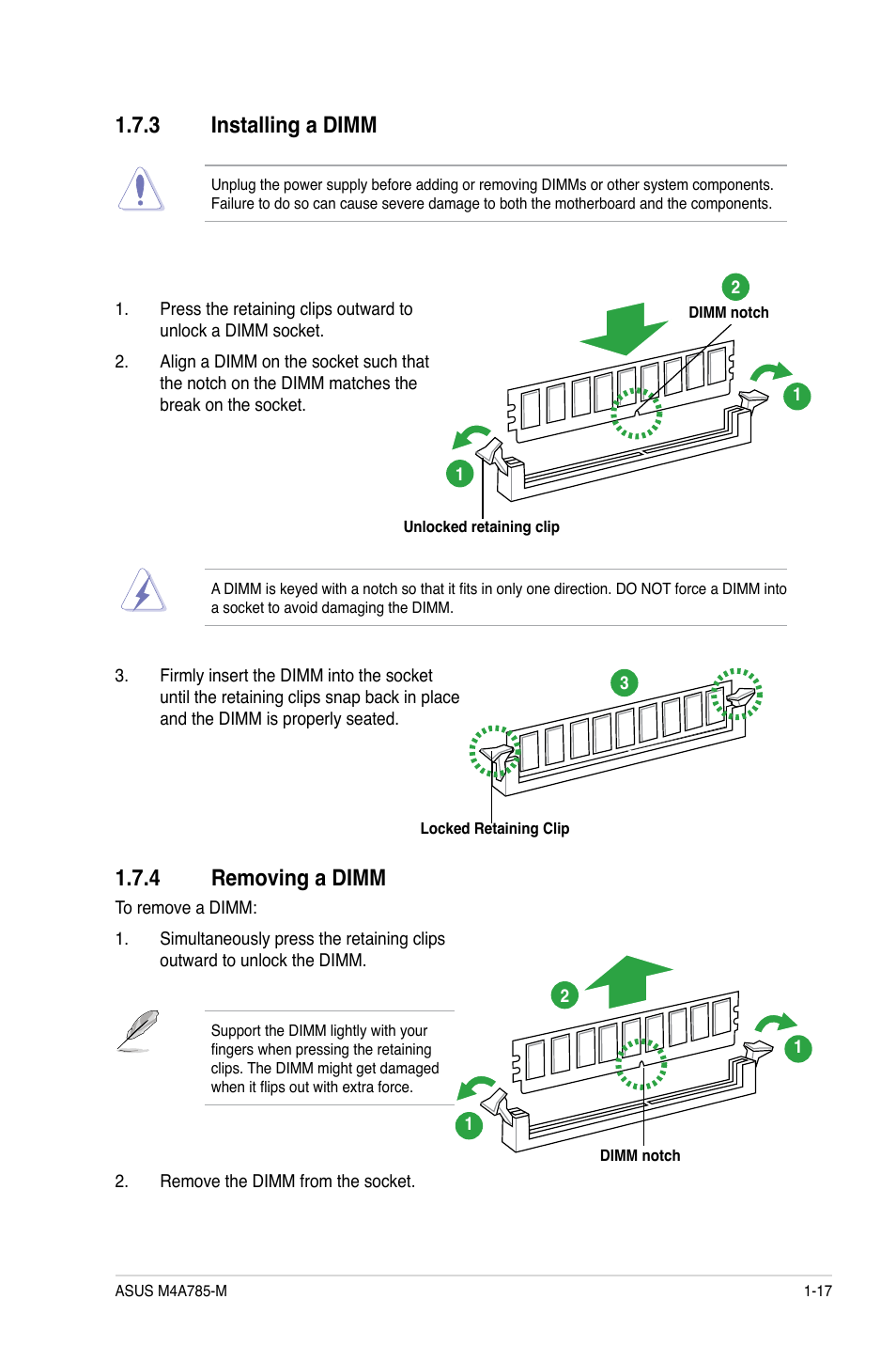 3 installing a dimm, 4 removing a dimm, Installing a dimm -17 | Removing a dimm -17 | Asus M4A785-M User Manual | Page 29 / 64