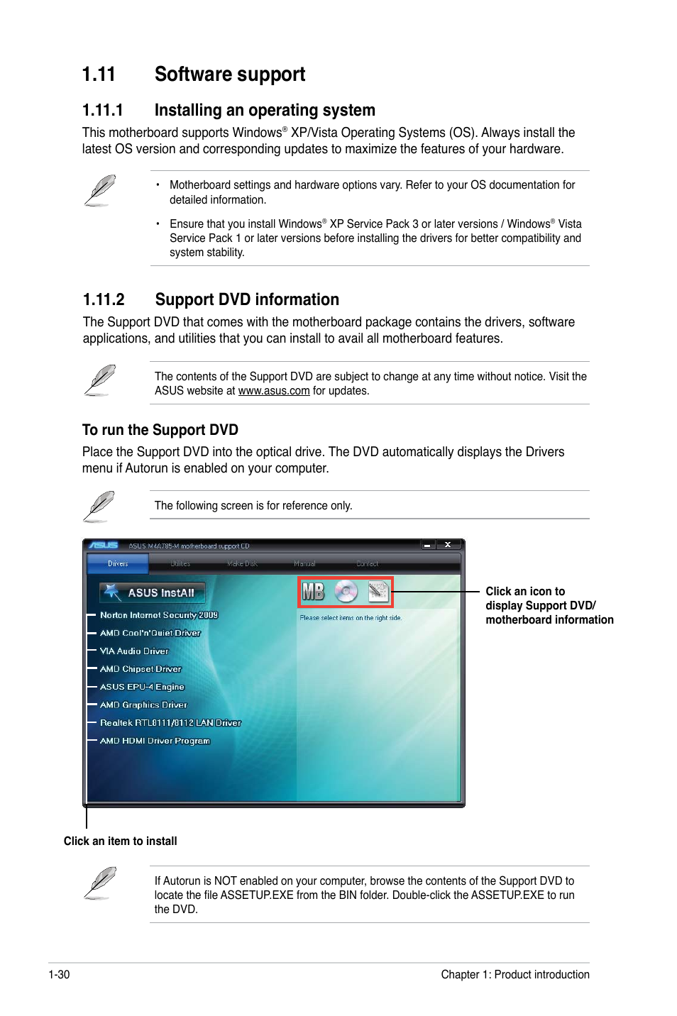 11 software support, 1 installing an operating system, 2 support dvd information | 11 software support -30 | Asus M4A785-M User Manual | Page 42 / 64