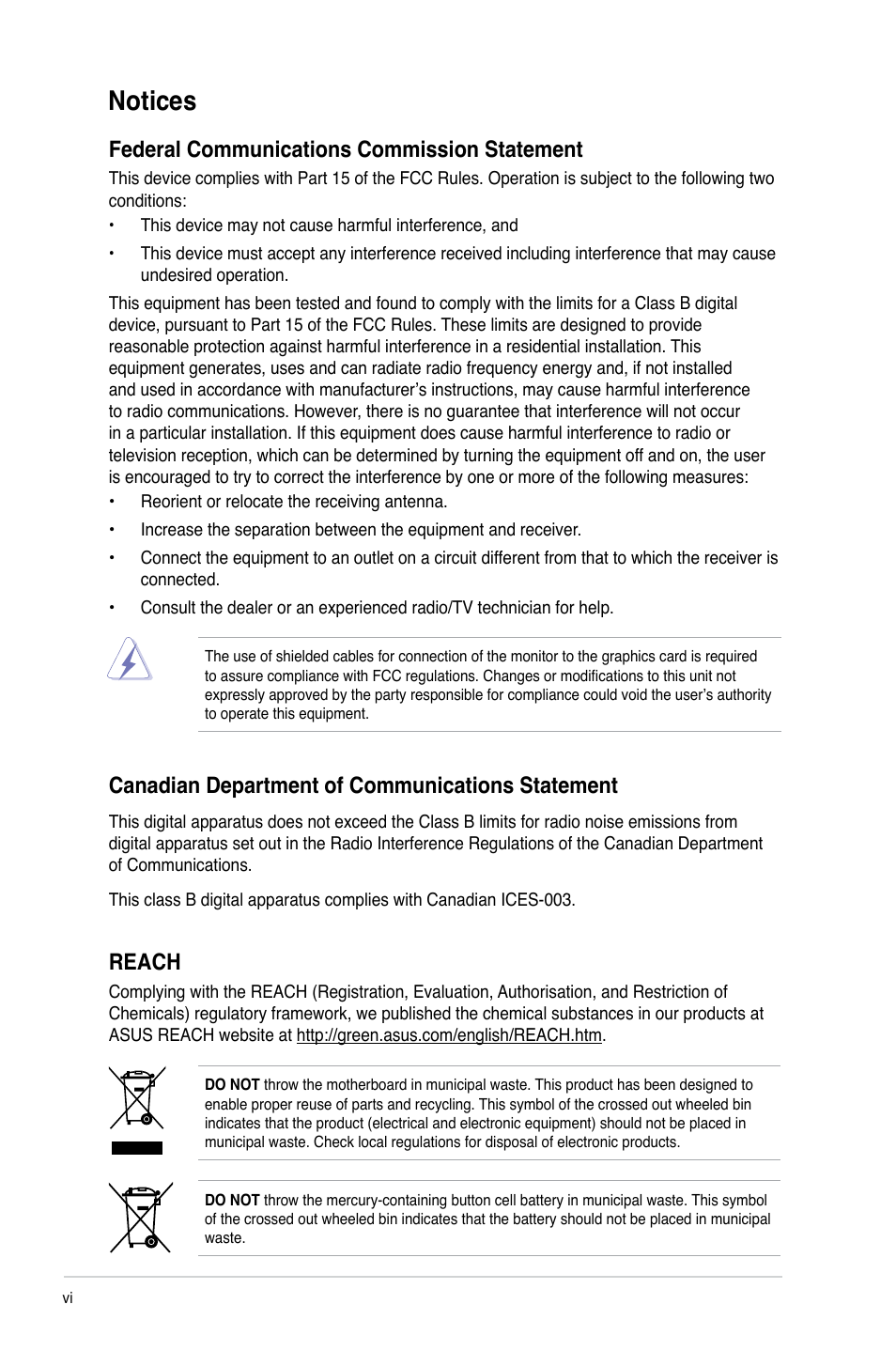 Notices, Federal communications commission statement, Canadian department of communications statement | Reach | Asus M4A785-M User Manual | Page 6 / 64