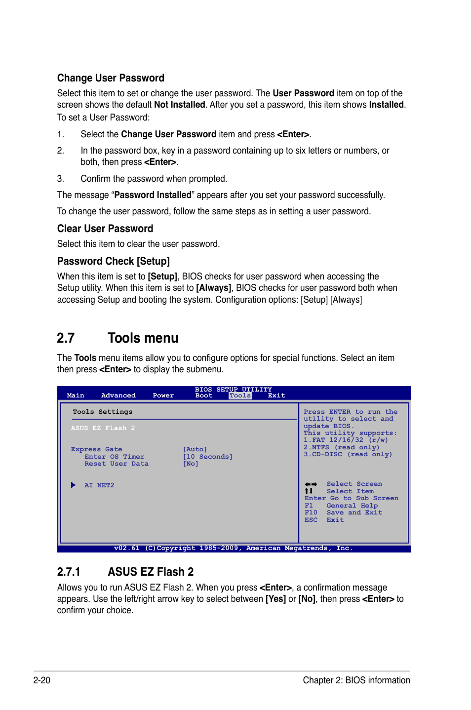 7 tools menu, 1 asus ez flash 2, Tools menu -20 2.7.1 | Asus ez flash 2 -20, Change user password, Clear user password, Password check [setup | Asus M4A785-M User Manual | Page 62 / 64