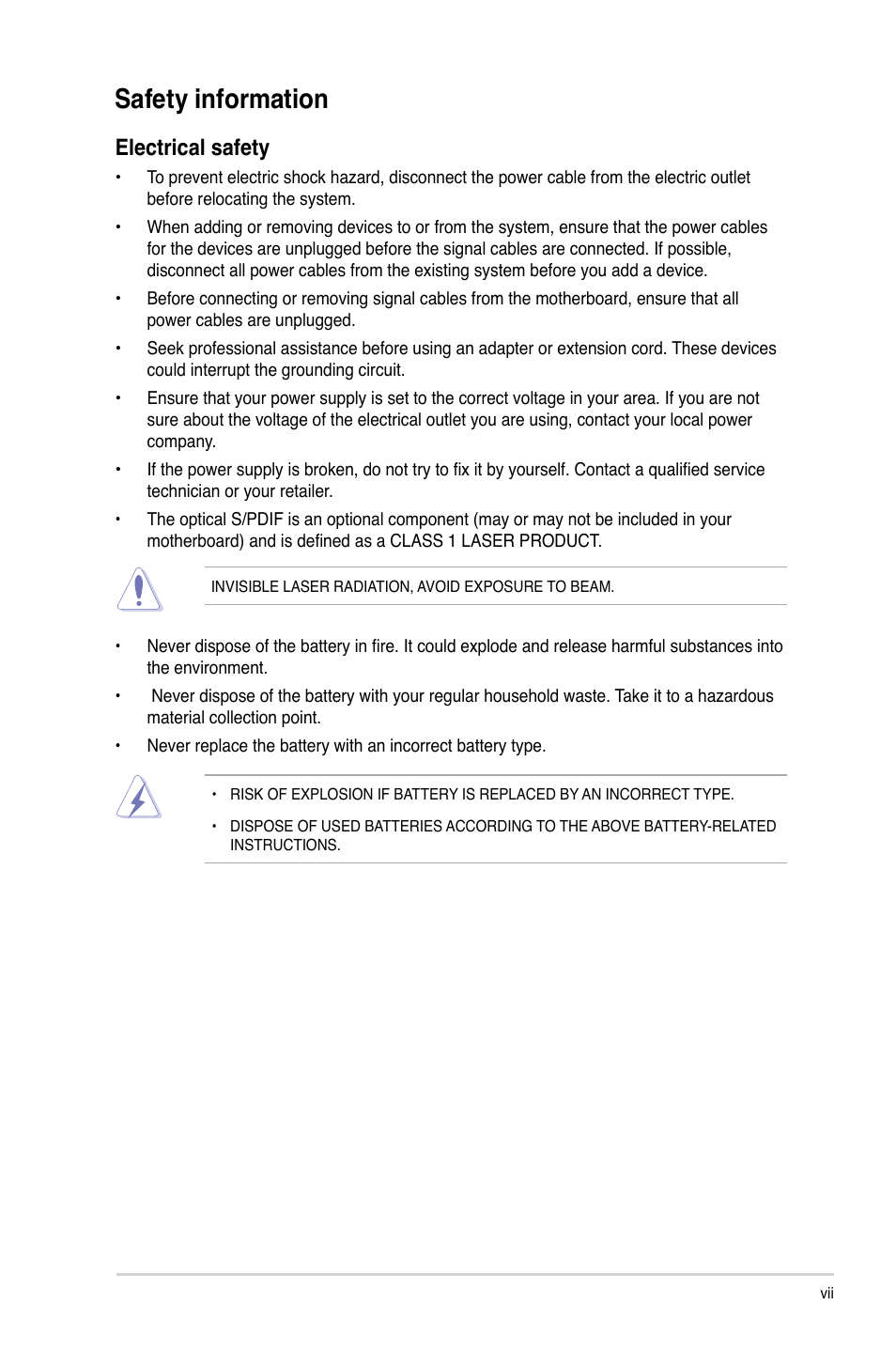 Safety information, Electrical safety | Asus M4A785-M User Manual | Page 7 / 64