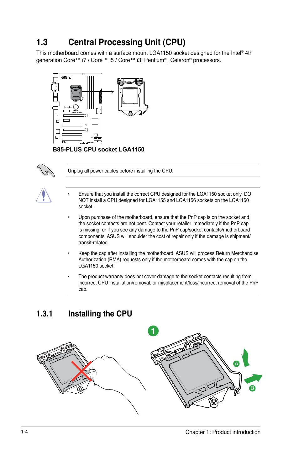 3 central processing unit (cpu), Central processing unit (cpu) -4, 1 installing the cpu | Asus B85-PRO User Manual | Page 12 / 80