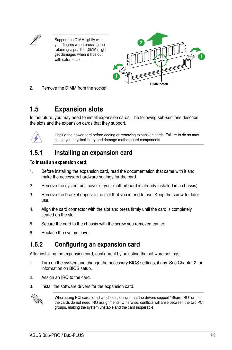 5 expansion slots, Expansion slots -9, 1 installing an expansion card | 2 configuring an expansion card | Asus B85-PRO User Manual | Page 17 / 80