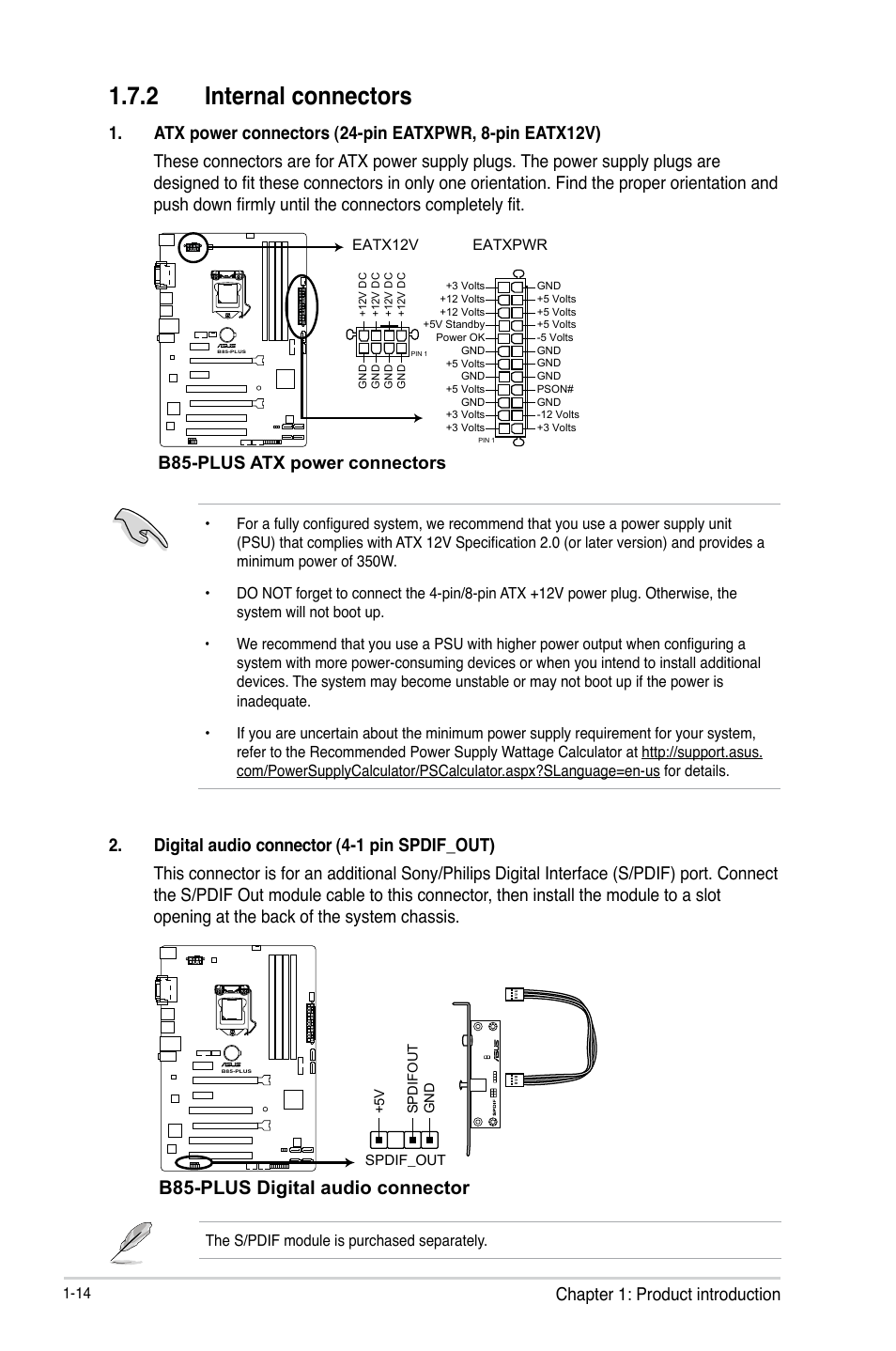 2 internal connectors, B85-plus digital audio connector, B85-plus atx power connectors | Asus B85-PRO User Manual | Page 22 / 80