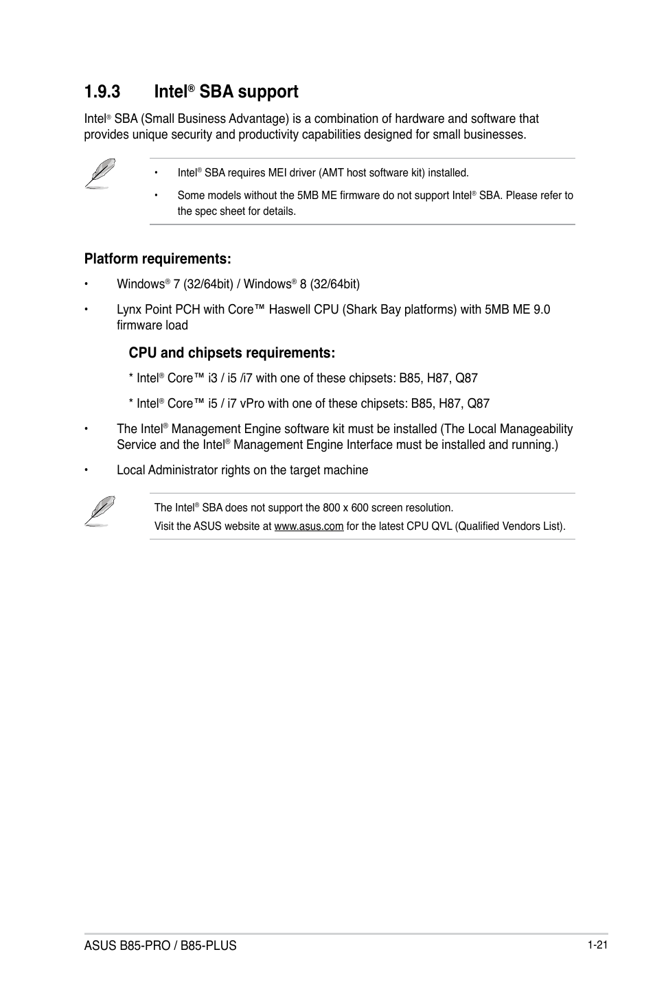 3 intel, Sba support, Platform requirements | Cpu and chipsets requirements | Asus B85-PRO User Manual | Page 29 / 80