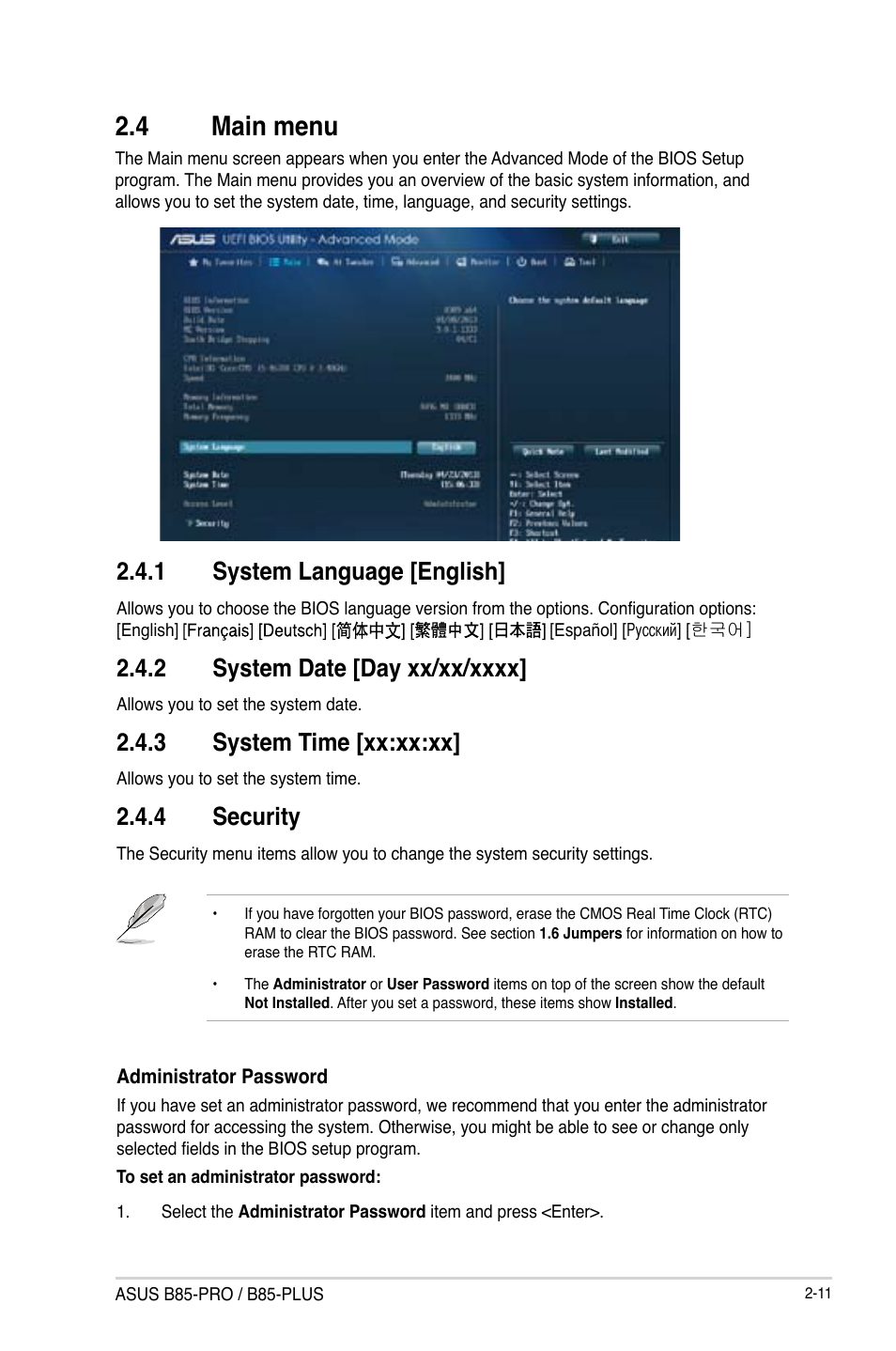 4 main menu, Main menu -11, 1 system language [english | 3 system time [xx:xx:xx, 4 security | Asus B85-PRO User Manual | Page 41 / 80