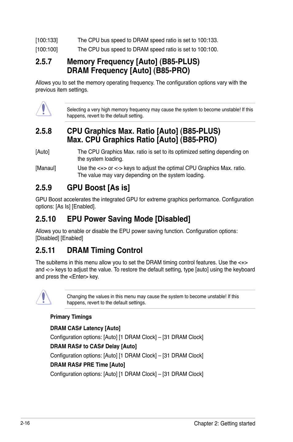 9 gpu boost [as is, 10 epu power saving mode [disabled, 11 dram timing control | Asus B85-PRO User Manual | Page 46 / 80