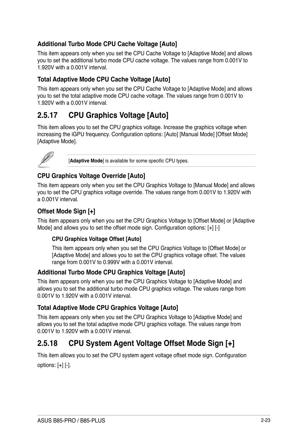 17 cpu graphics voltage [auto, 18 cpu system agent voltage offset mode sign | Asus B85-PRO User Manual | Page 53 / 80