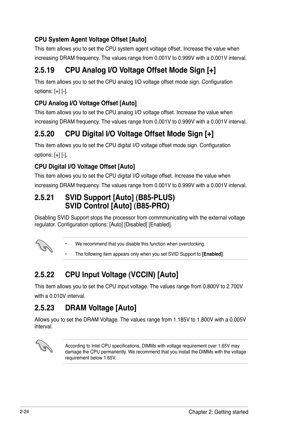 19 cpu analog i/o voltage offset mode sign, 20 cpu digital i/o voltage offset mode sign, 22 cpu input voltage (vccin) [auto | 23 dram voltage [auto | Asus B85-PRO User Manual | Page 54 / 80