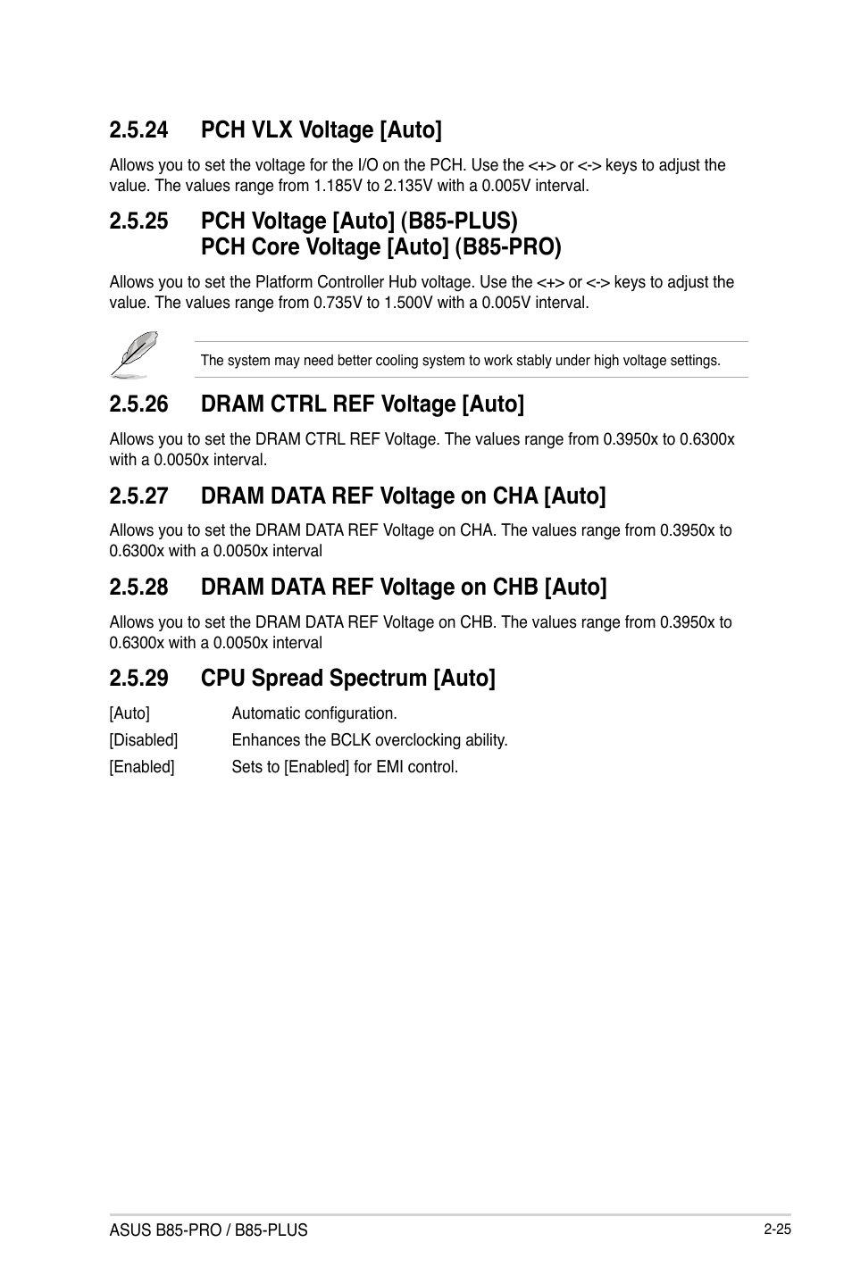 24 pch vlx voltage [auto, 26 dram ctrl ref voltage [auto, 27 dram data ref voltage on cha [auto | 28 dram data ref voltage on chb [auto, 29 cpu spread spectrum [auto | Asus B85-PRO User Manual | Page 55 / 80