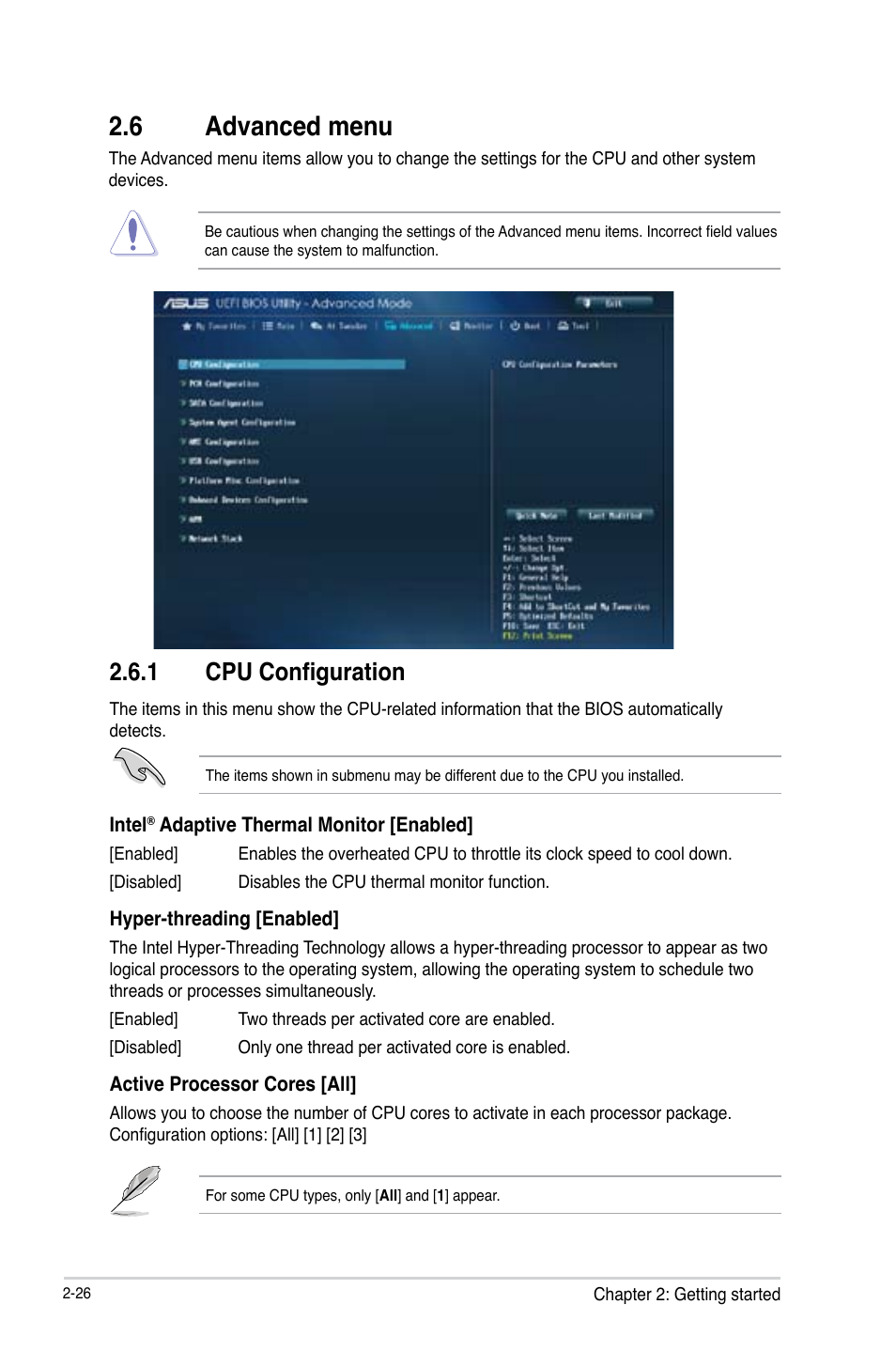 6 advanced menu, Advanced menu -26, 1 cpu configuration | Asus B85-PRO User Manual | Page 56 / 80