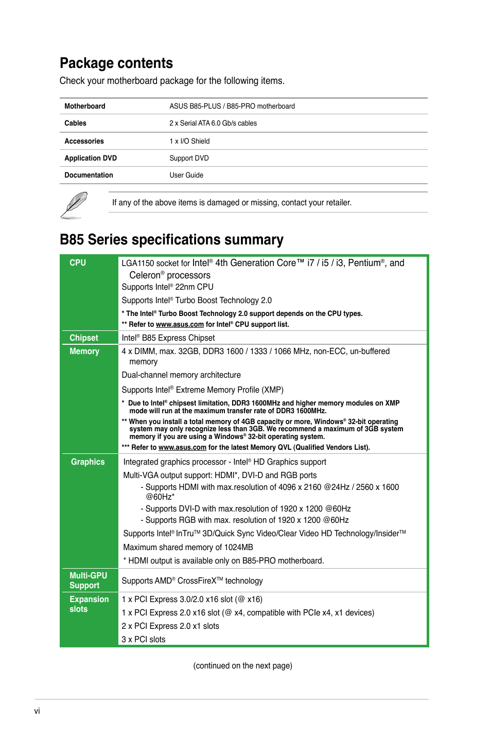 Package contents, B85 series specifications summary, Intel | 4th generation core™ i7 / i5 / i3, pentium, And celeron, Processors | Asus B85-PRO User Manual | Page 6 / 80
