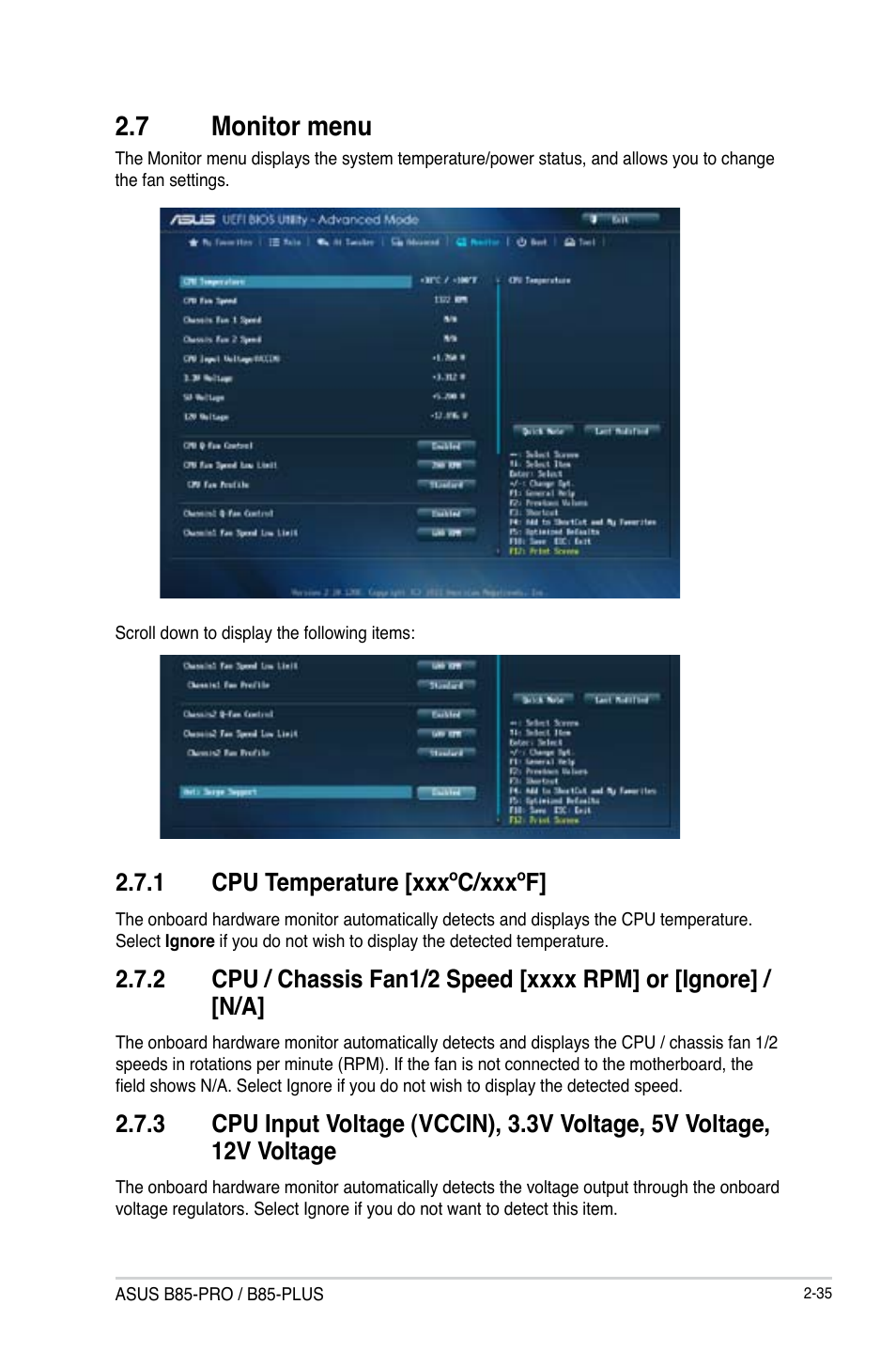 7 monitor menu, Monitor menu -35, 1 cpu temperature [xxxºc/xxxºf | Asus B85-PRO User Manual | Page 65 / 80