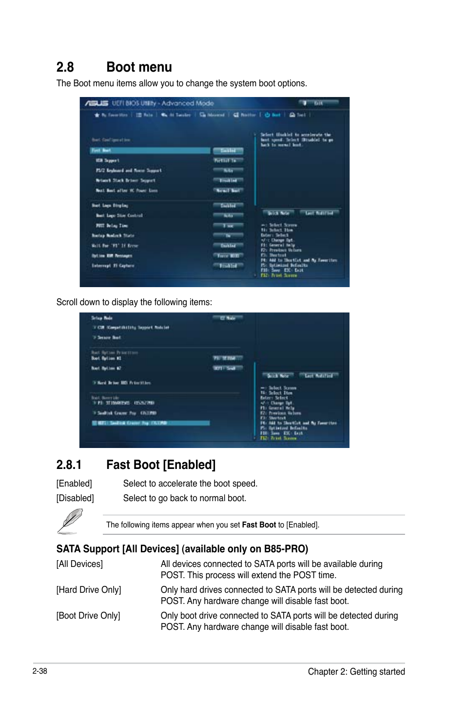 8 boot menu, Boot menu -38, 1 fast boot [enabled | Asus B85-PRO User Manual | Page 68 / 80