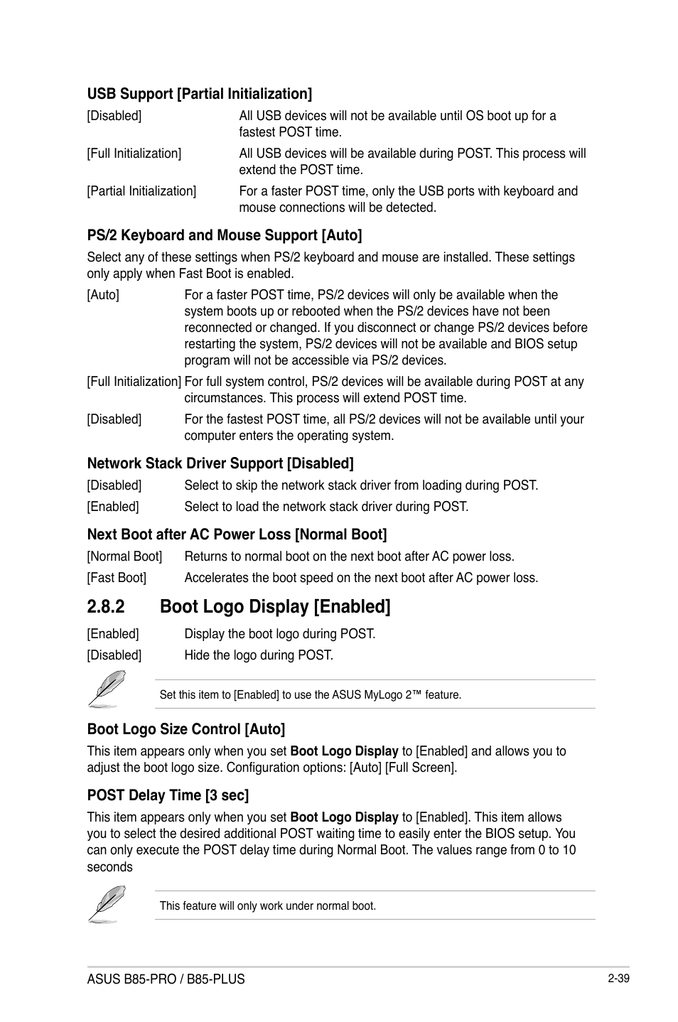 2 boot logo display [enabled | Asus B85-PRO User Manual | Page 69 / 80